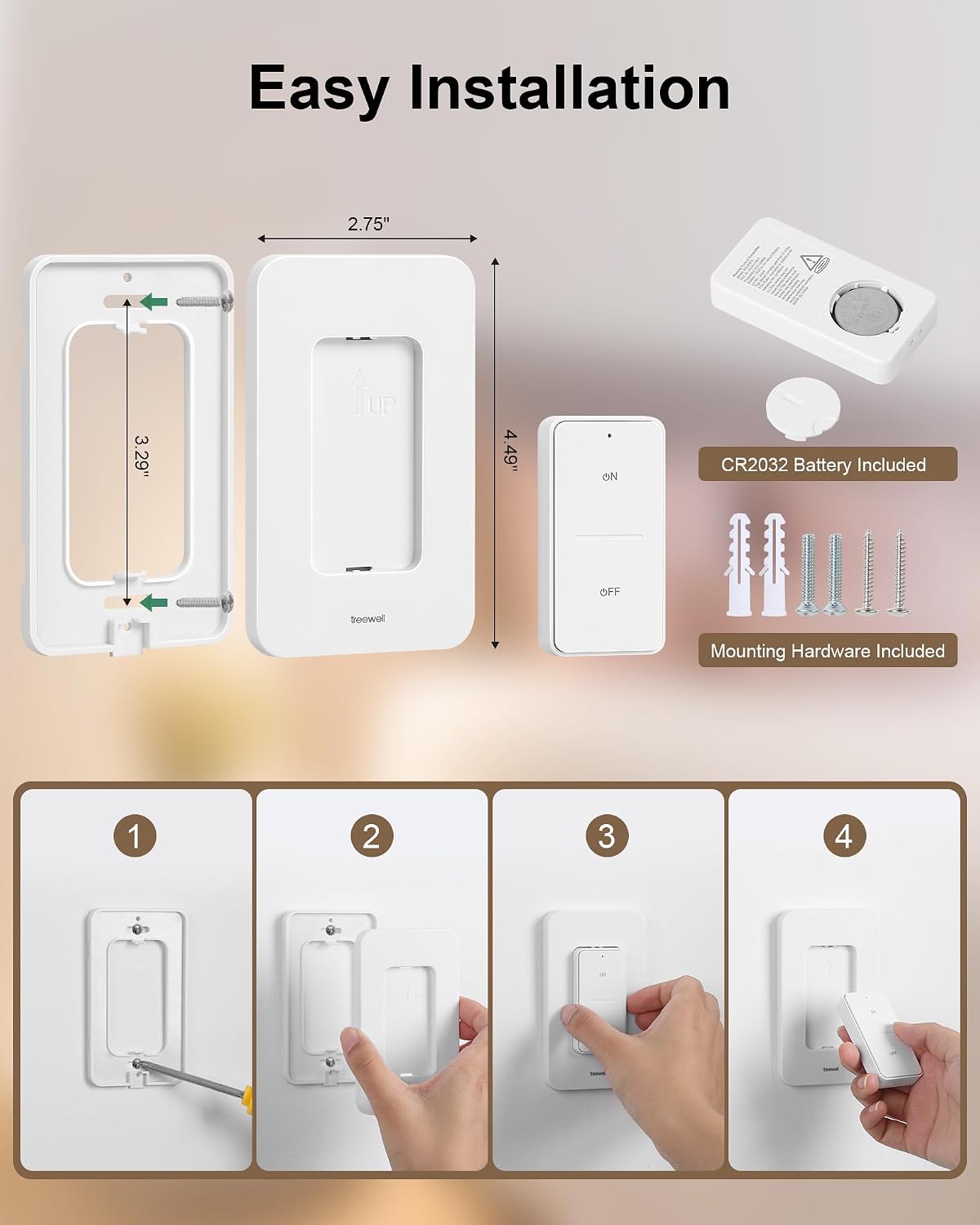 Remote Control Outlet Wireless Wall Switch, 200FT RF Range, Mini Electrical Outlet Plug, 15A/1875W High-Power for Lamps, Lights, Household Appliances, ETL Listed (2 Switches and 1 Outlet)