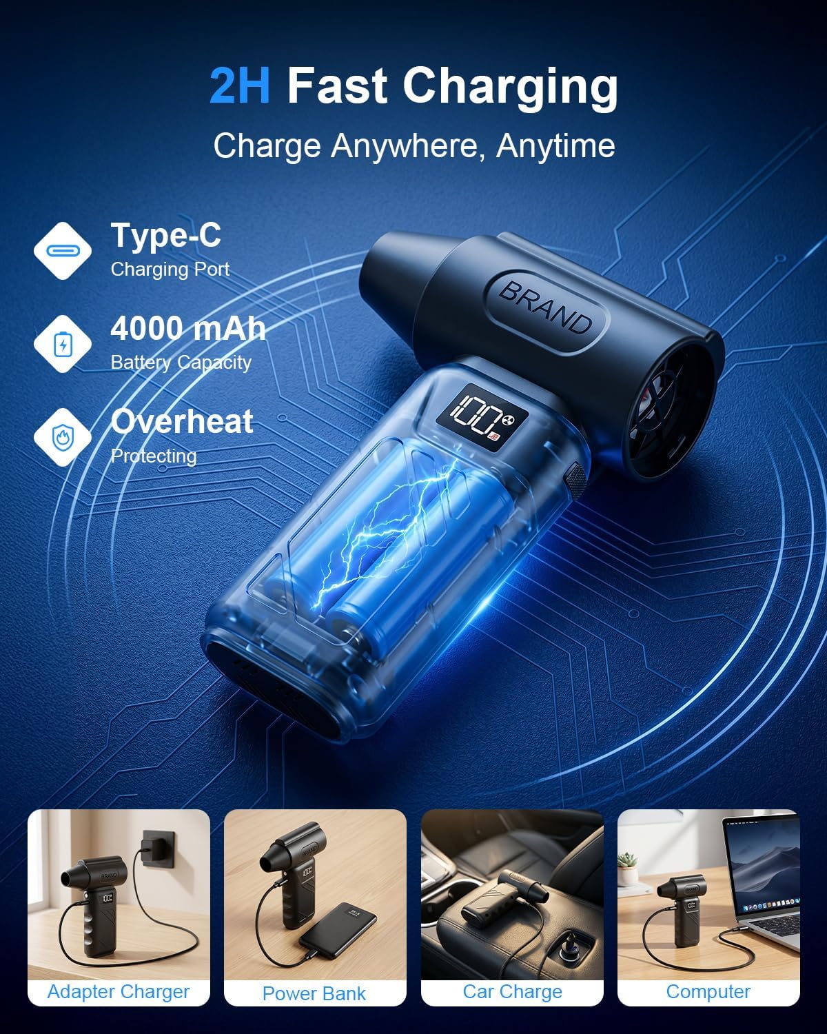 Solarplay Black Compressed Air Duster, 130000 RPM Cordless Air Blower with 5-Gear Adjustable Speed, 4000mAh Fast Charging, 4 Nozzles for Car Cleaning Kit, PC Electronics, Home, Outdoor & Inflatables