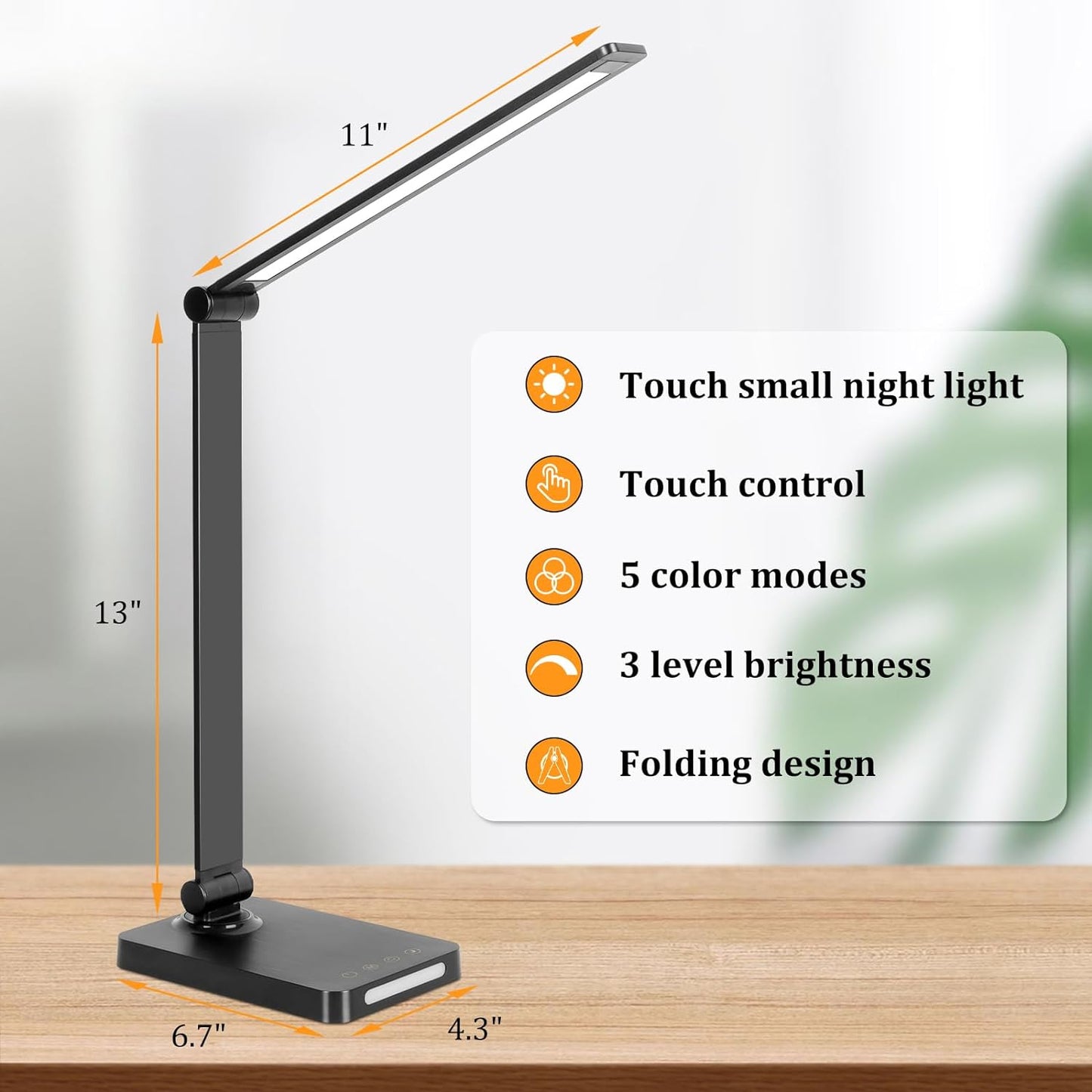 LED Desk Lamp with USB Ports,Touch Desk Lamps for Home Office with 5 Modes | 3 Brightness Desk Light with Small Night Light,Reading Lamp Table Lamp for Bedroom Bedside Study Black （with adapter）