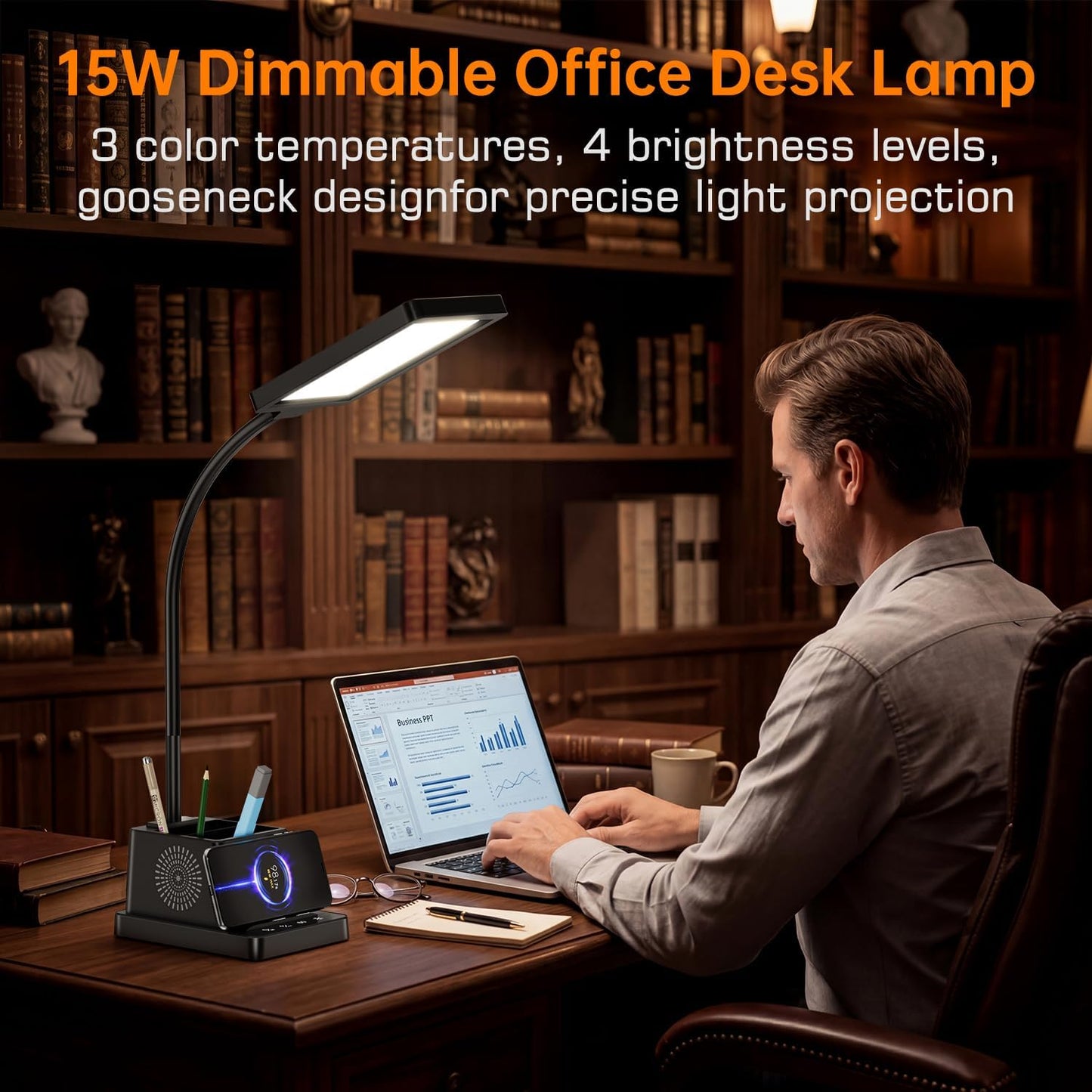 LED Desk Lamp for Dorm Office, 15W Wireless Charger Pen Holder, Black | Desk lamps for Home Office, 15W Wireless Charger, 3 Color Modes 4 Brightness Leves CRI 95, 800 LM Small Table Lamp for Dorm