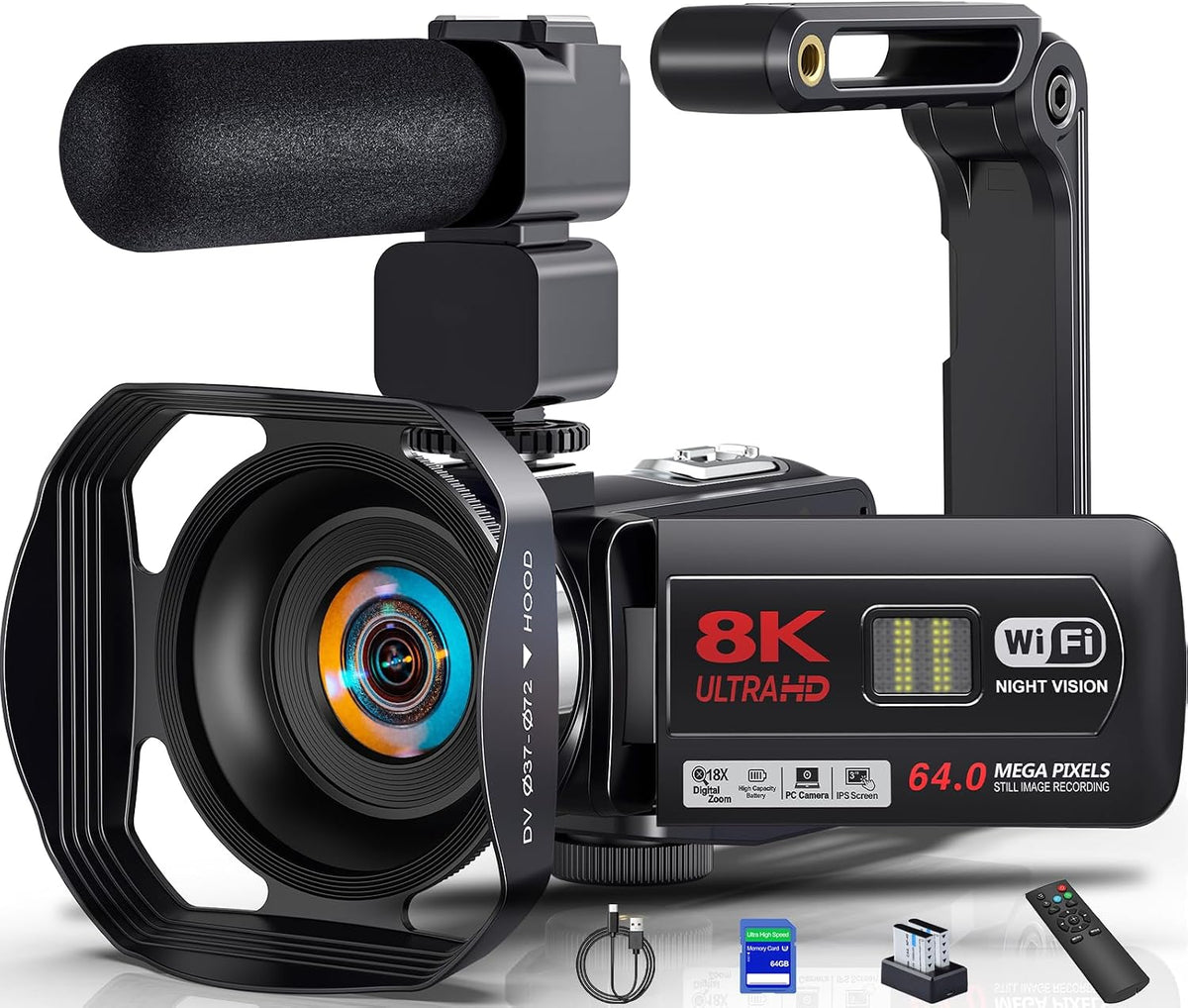 8K 64MP Video Camera Camcorder 18X Zoom WiFi IR Night Vision Camcorders | 3.0'' Touch Screen Webcam Vlogging Camera for YouTube with 64GB SD Card, 2 Batteries, Remote Control, Mic and Stabilizer
