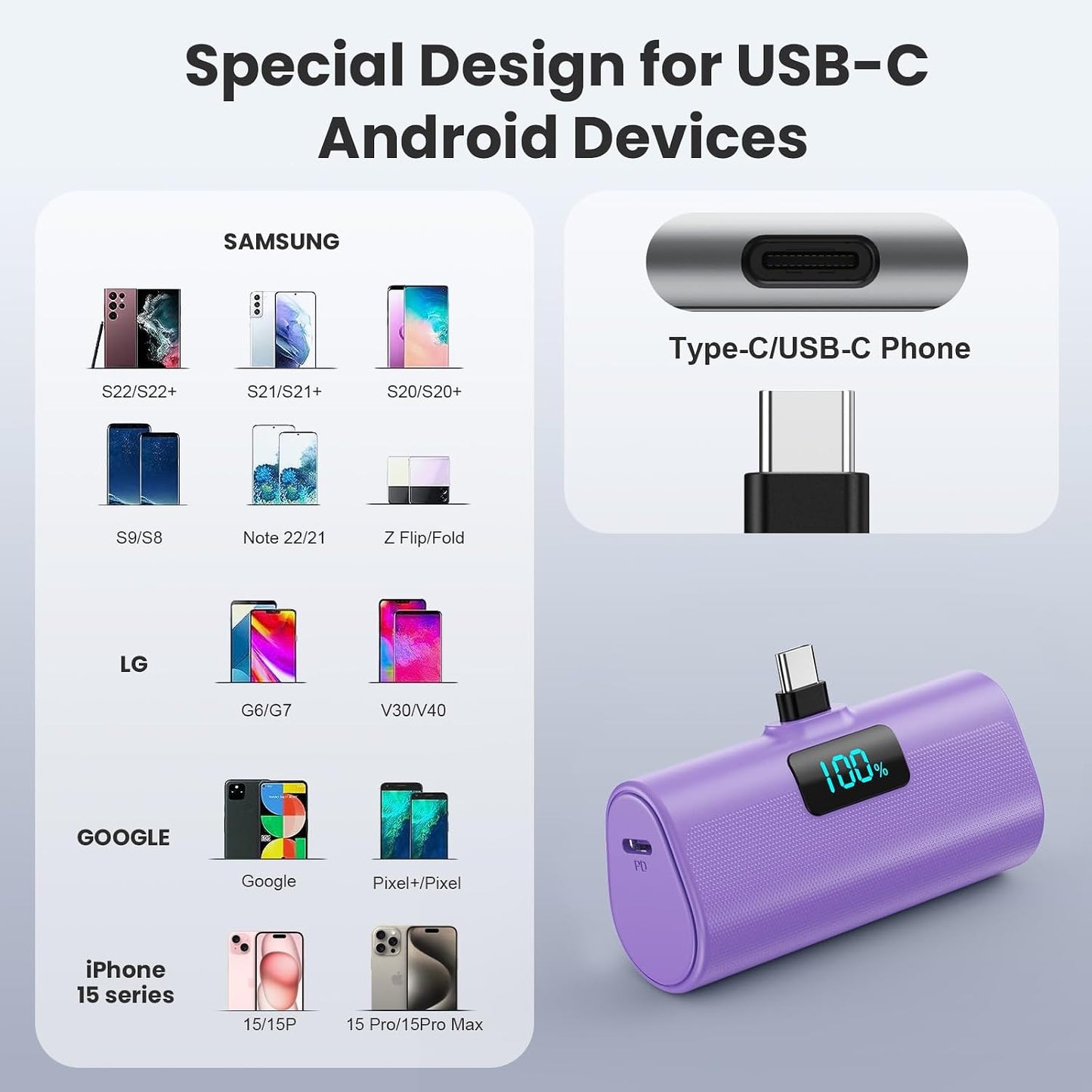 [2-Pack]Portable Charger for iPhone 17/16/15 Series,5200mAh PD USB C Power Bank Built-in USB-C Connector, Battery Pack Compatible with iPhone 17/17 Pro Max/16/15 Series,Galaxy,Android(Black+Purple)