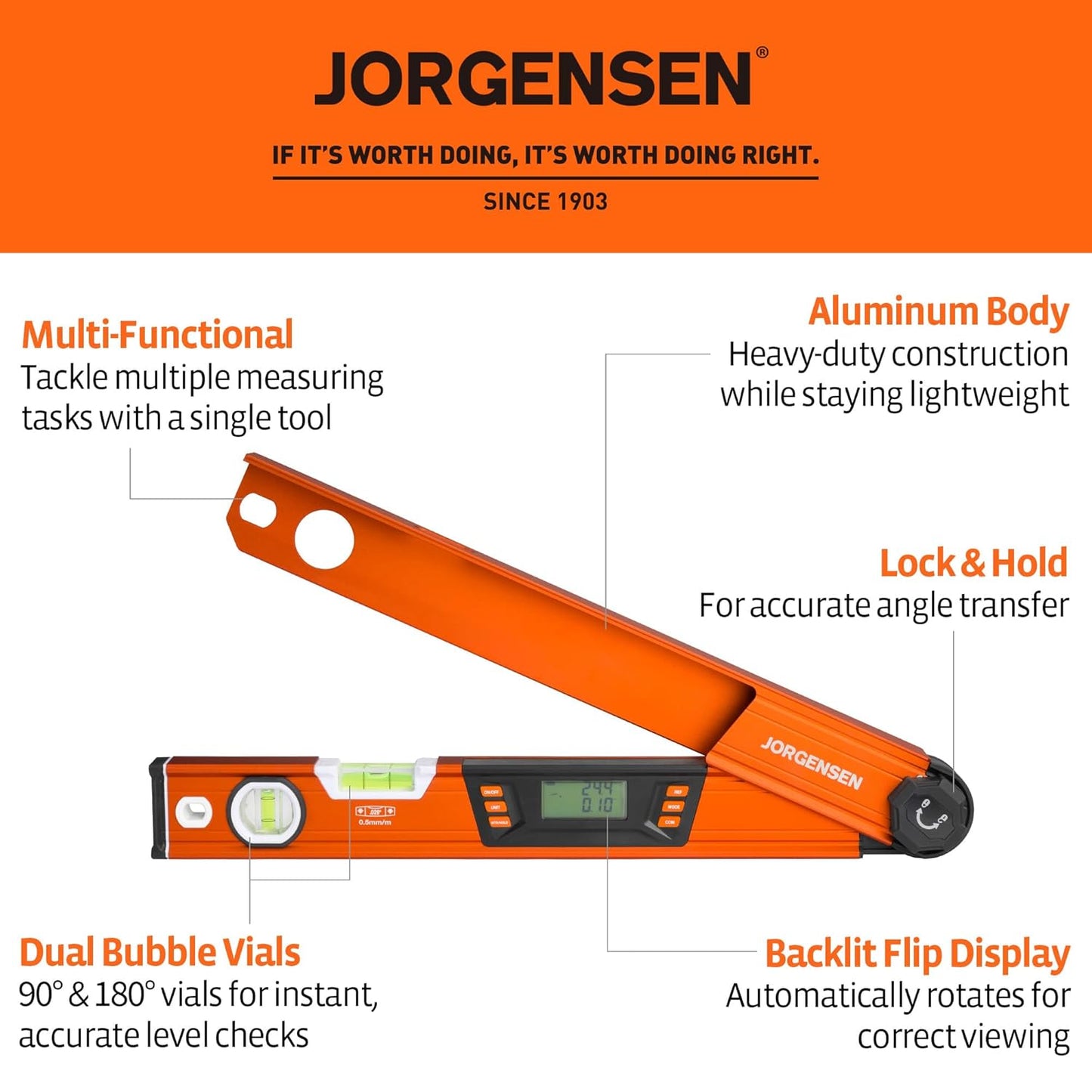 JORGENSEN Digital Angle Finder, Protractor Digital Level | Simple & Compound Miter Cuts;Portable Hanging Hook;Data Hold Function;4 Measurement Units;Easy Unit Switching