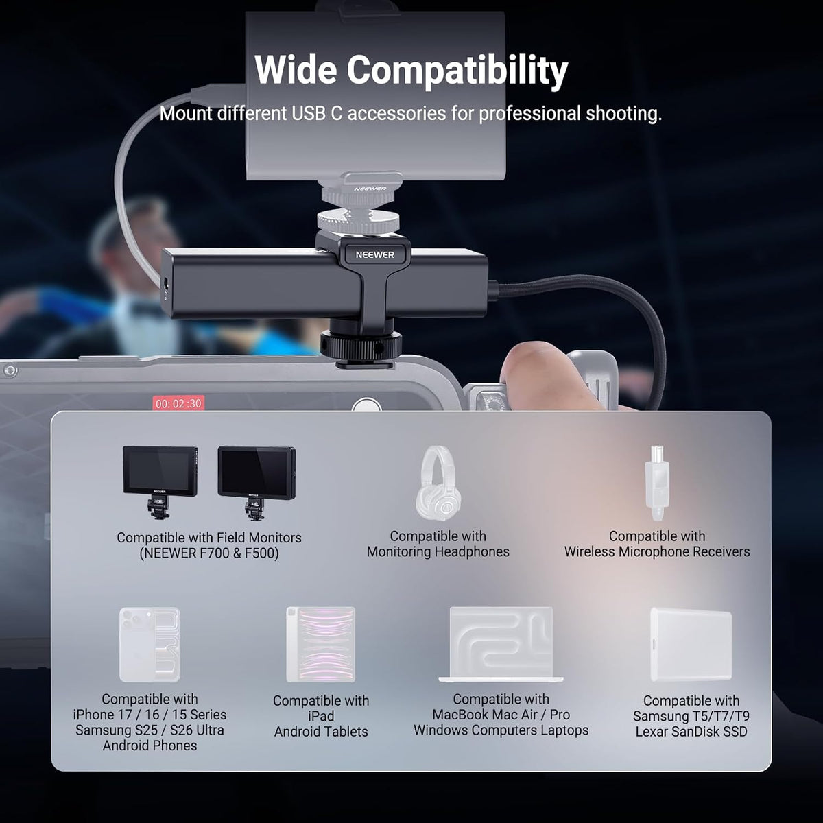 NEEWER USB C Hub Dock with Cold Shoe Mount, 4 in 1 USB 3.1 Gen2 Extender Multiport Adapter Dongle 100W PD Charging 10Gbps 4K 60Hz Compatible with iPhone iPad Mac Android Laptop Field Monitor, PS030E