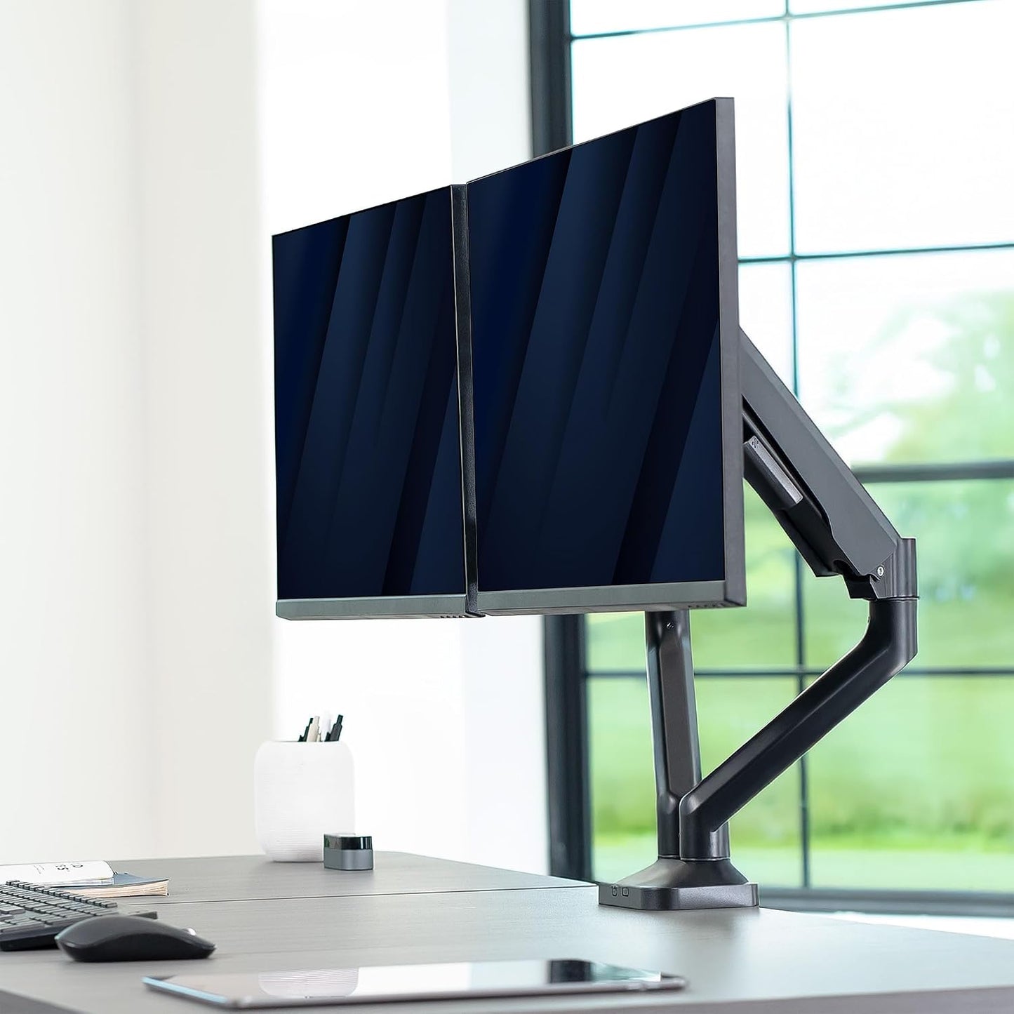 VIVO Dual Pneumatic Arm Ultra-Wide Monitor Mount for up to 35 inch Screens, Holds 26.4 lbs per Arm, Desk Mount Monitor Stand for 2 Ultrawides, Black, STAND-V200O