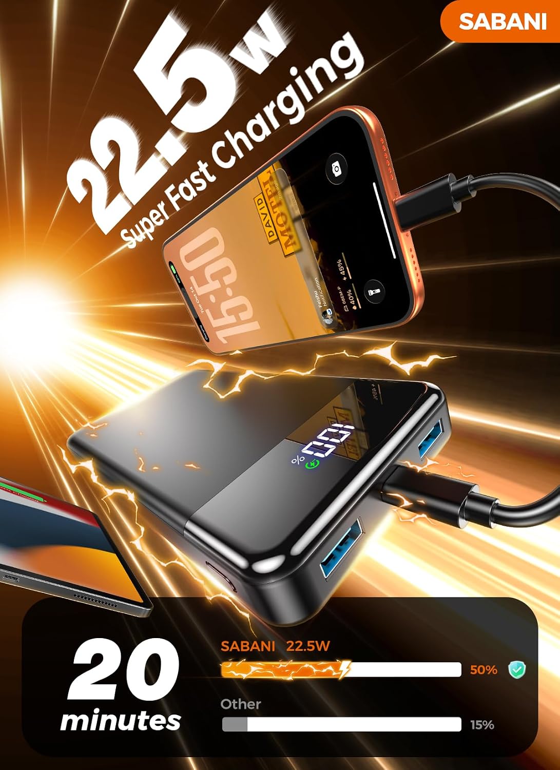 SABANI Portable Charger 35000mAh Power Bank, 4 Built in Cable Big Capacity | Ultra Slim, 22.5W Fast Charge, Travel Camping Essential, USB C External Battery Pack for iPhone Samsung Android, Black
