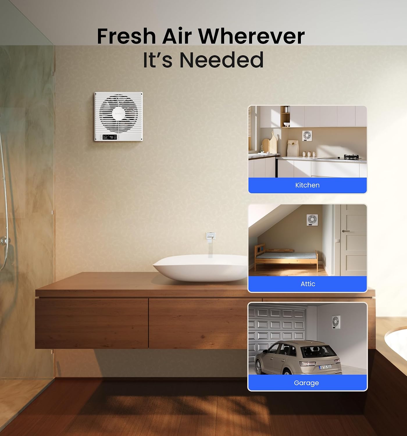 KOVIET 8" Room to Room Ventilation Fan with Remote, Quiet Reversible Through the Wall Air Transfer Fan, 10-Speed Smart Exhaust Vent, Temperature Control, ETL Certified for Bedroom, Kitchen, Laundry