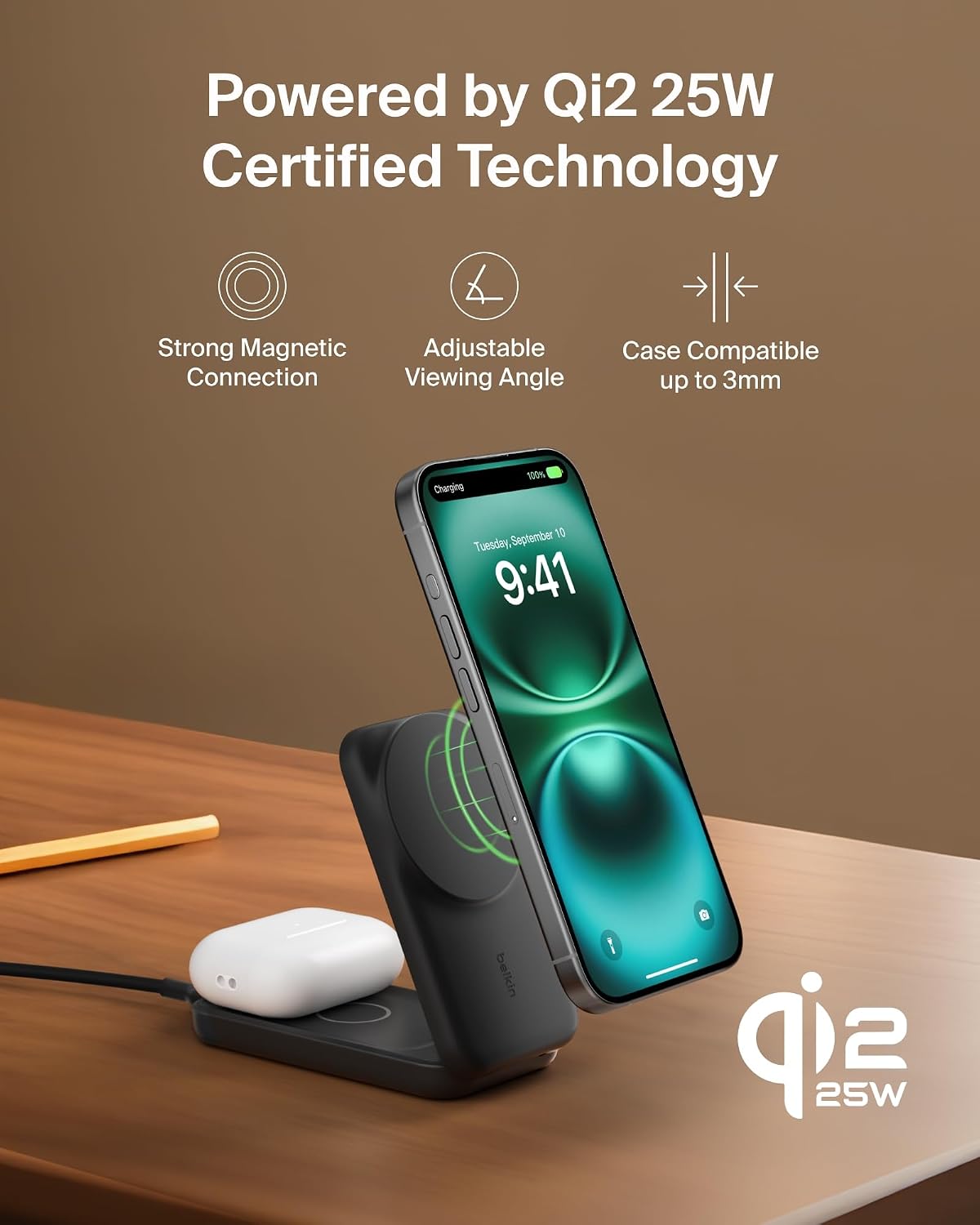 Belkin Qi2.2 25W Wireless 2 in 1 Foldable Fast Charging Station for iPhone | Fast Charging, MagSafe Compatible, iPhone 17/16/15, AirPods, Travel Charger, Magnetic