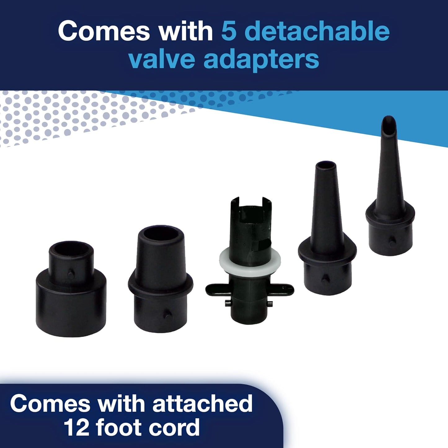 WOW Sports 120V AC Electric Pump - 600 L/min Air Inflator - 5 Adapters | A 120V AC air pump for towables, pool floats, and air mattresses. 600 L/min; adapters for Boston, pinch, and standard valves.
