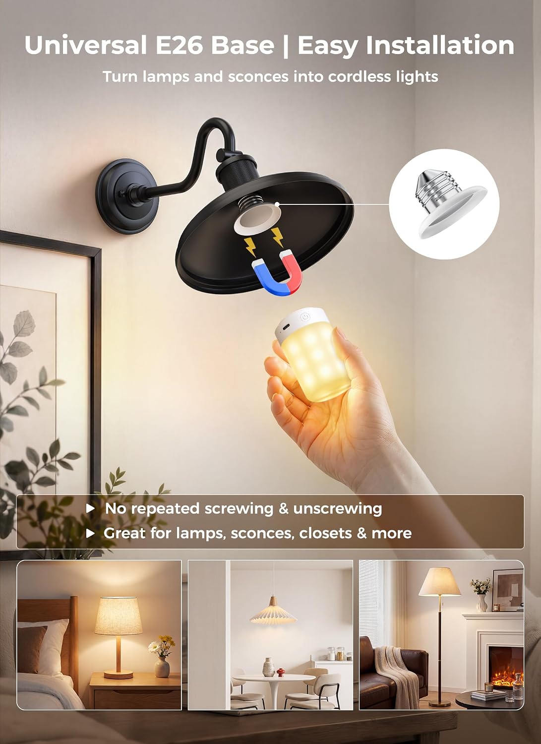 Brightown Upgraded 5200mAh E26 Rechargeable Light Bulbs with Remote Timer | 20–60H runtime, dimmable 3000K–6000K white light, 9 RGB colors, magnetic wireless design for lamps and sconces