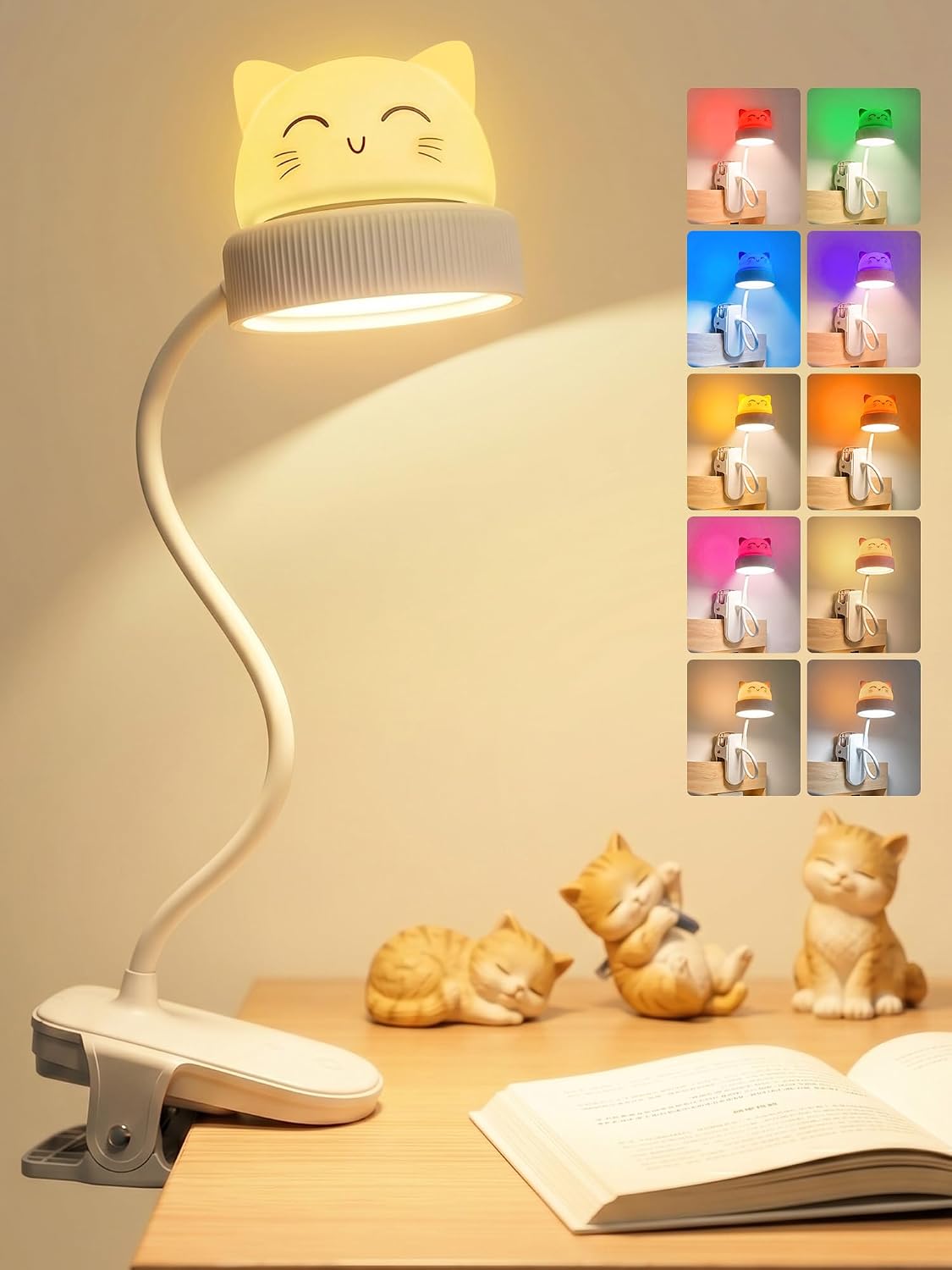 Cat Lamp,Dimmable RGB Clip on Light,Cute Desk Lamp Rechargeable Night Light | 4000mAh Battery Desk Lamp with Clamp,Cordless & Wireless Clip on Night Light for Kids/Toddle/Baby,Bed Headboard/Bedside/Table