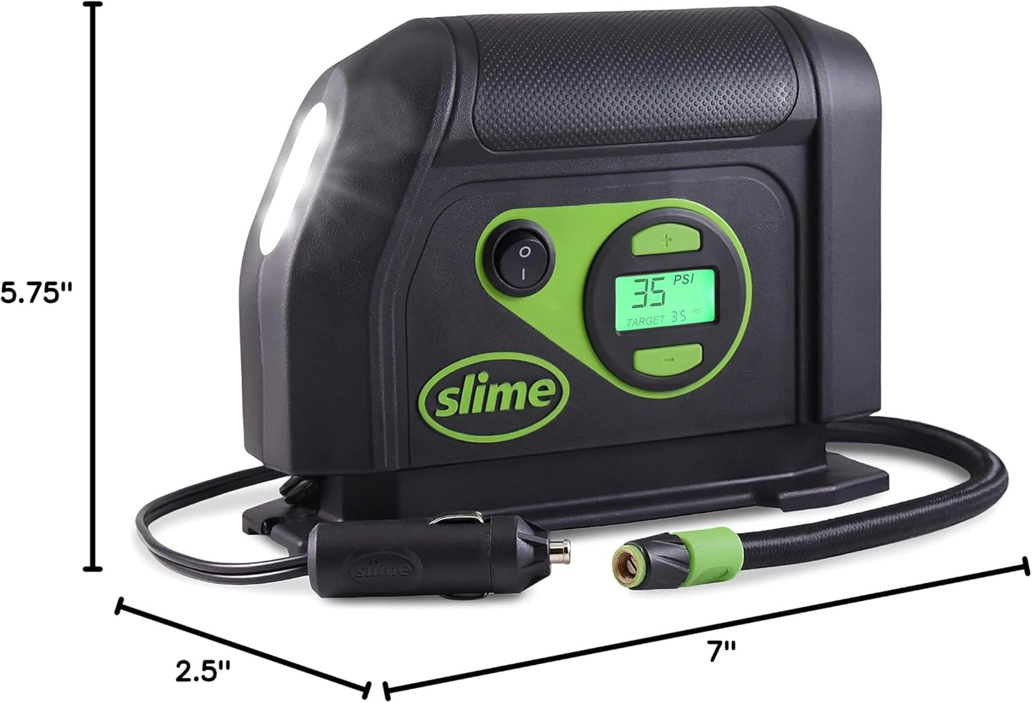 Slime 40088 Tire Inflator, Portable Car Air Compressor, Inflate Right automatic shut off, with Digital 99 psi Display, Long Hose and LED Light, 12V, 6 min inflation