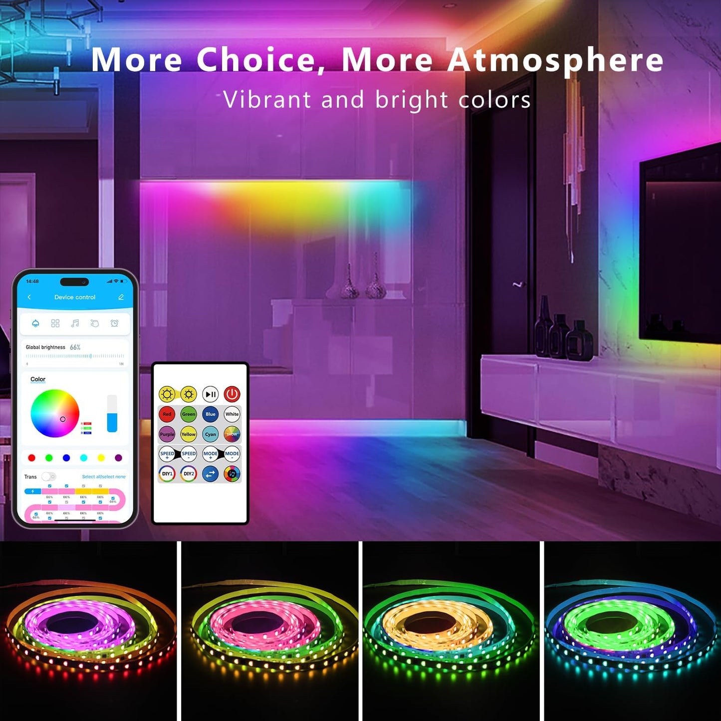 DAYBETTER 100ft Smart IC WiFi LED Strip Lights, Work with Alexa and Google Assistant, BGRIC LED Lights App Control Segmented DIY Multiple Colors, Color Changing Music Sync for Bedroom Decor (1 Roll)