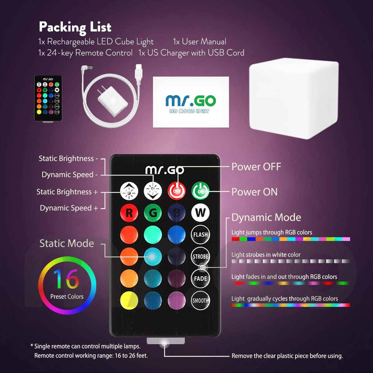 Mr.Go 10-inch Rechargeable LED Cube Light w/Remote, 16 RGB Colors 4 Modes