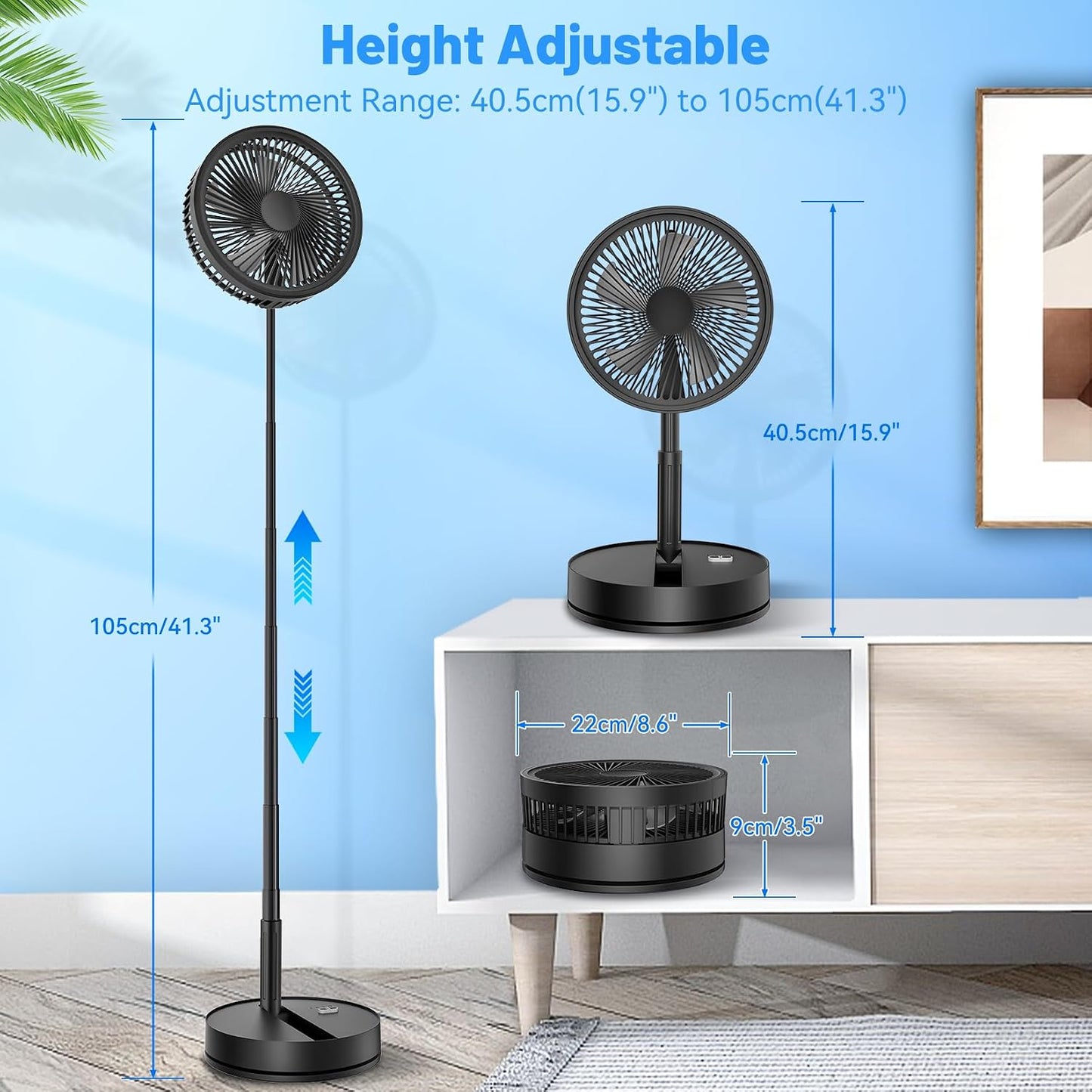 Portable Foldable Rechargeable Oscillating Fan - 8.6" 8000mah Remote Fan | Battery Operated USB C Small Fan Quiet Table Desk Fan Folding Standing Pedestal Fan for Bedroom Rome Office Camping Travel