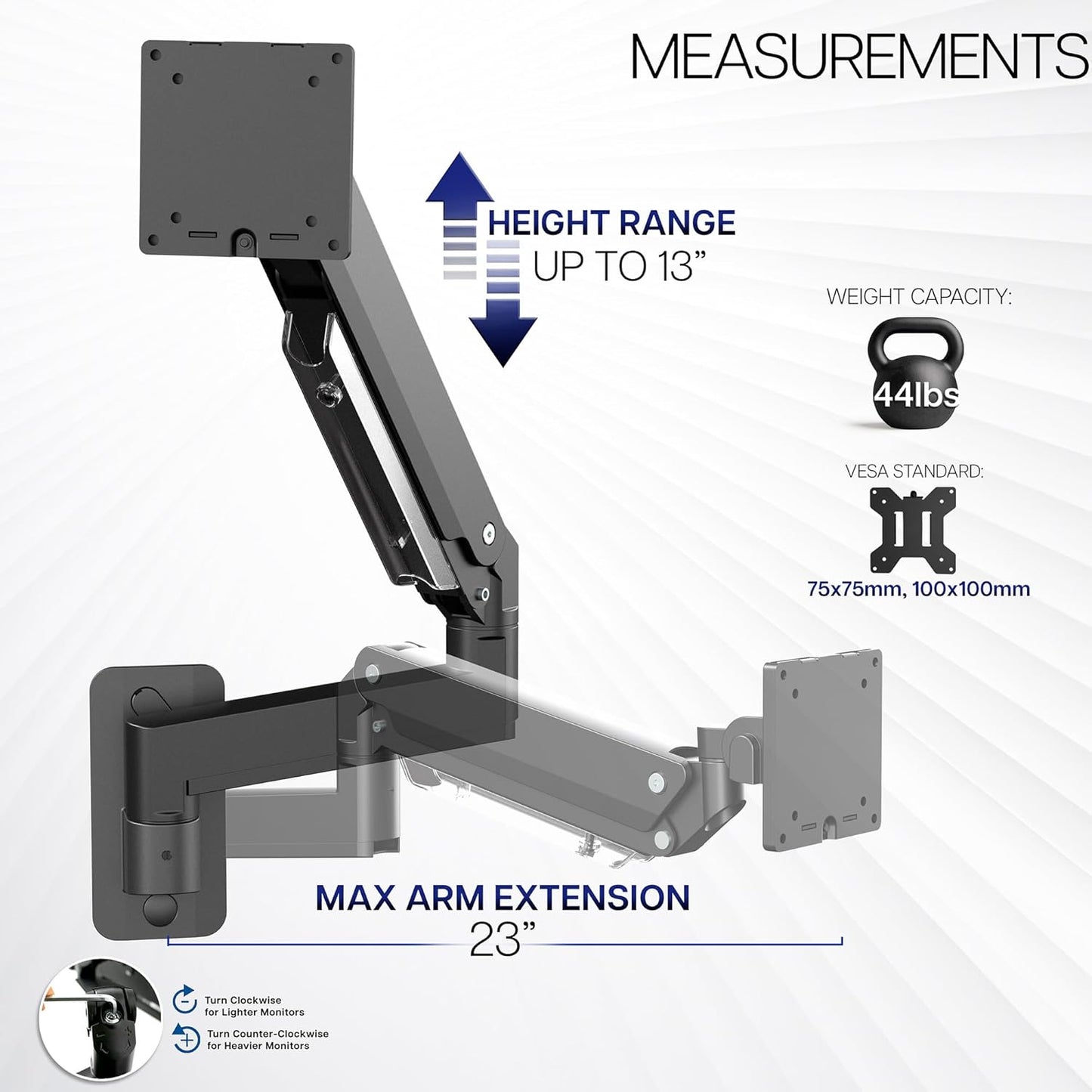 VIVO Premium Aluminum Heavy Duty Monitor Arm for Ultrawide Screens up to 49 inches and 44 lbs, Single Wall Mount, Pneumatic Height, Max VESA 100x100, Black, MOUNT-V101G1