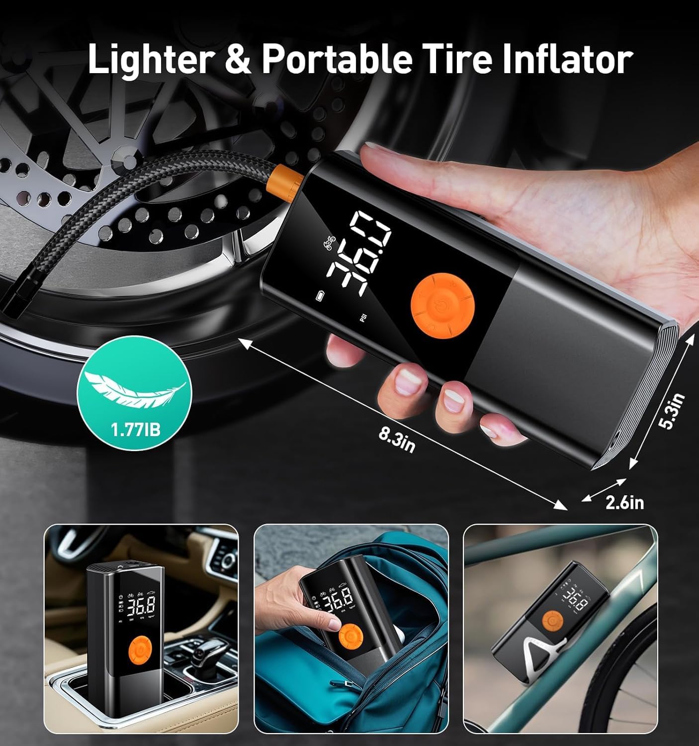 Teffim Tire Inflator Portable Air Compressor, Air Pump for Car with Pressure Gauge,Tire Inflator for Car Motorcycle Bike Pump