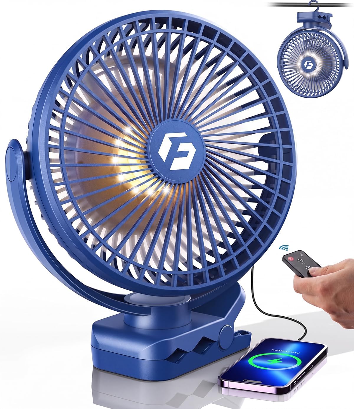 40000mAh Clip on Fan for Golf Cart, Up to 127Hrs Portable Rechargeable Fans | 8-inch Desk Fan with 3 Speeds, 9 LEDs, Timers, Hook, Battery Operated Fan for Office,Desk,Camping,Treadmill,Tent, Dark Blue