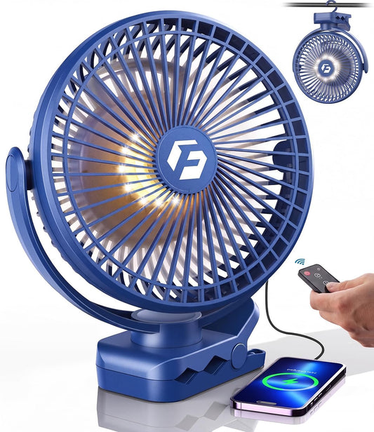 40000mAh Clip on Fan for Golf Cart, Up to 127Hrs Portable Rechargeable Fans | 8-inch Desk Fan with 3 Speeds, 9 LEDs, Timers, Hook, Battery Operated Fan for Office,Desk,Camping,Treadmill,Tent, Dark Blue