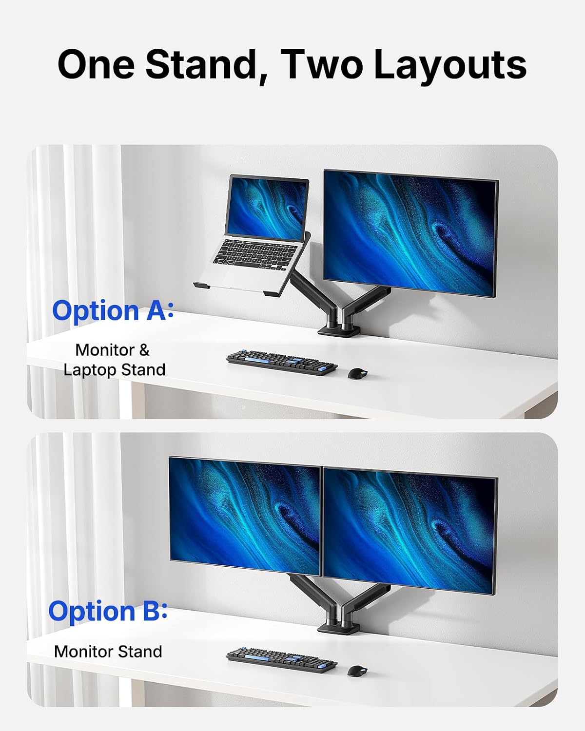 HUANUO Dual Monitor Arm with Laptop Tray, 13-32" Monitor, 17" Laptops