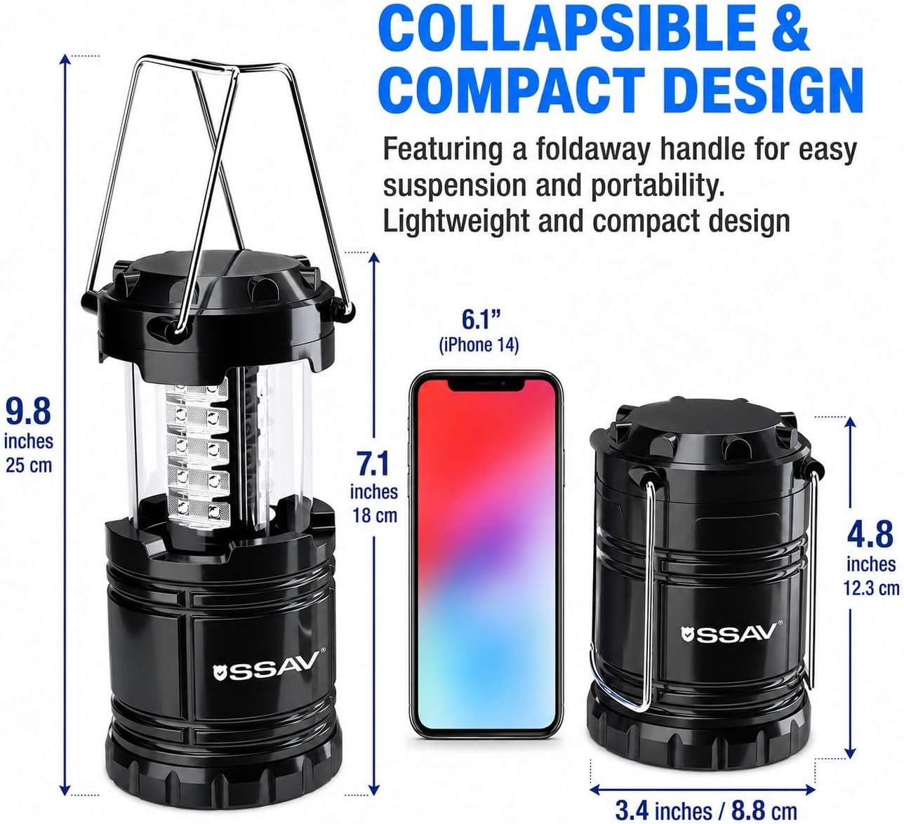 SSAV LED Camping Lantern, Emergency Lanterns for Power Outages & Hurricane Preparedness, Collapsible Portable Survival Lights for Camping, Storms & Emergencies, Batteries Included (4, Black)