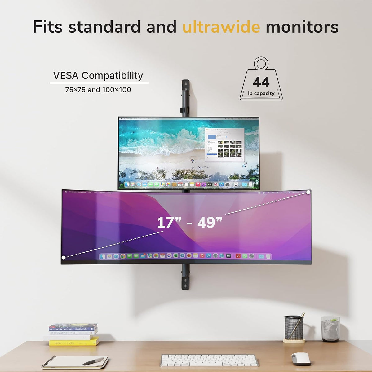 Mount-It! Dual Stacked Monitor Wall Mount, Heavy-Duty Steel, 17-49 in 44lb