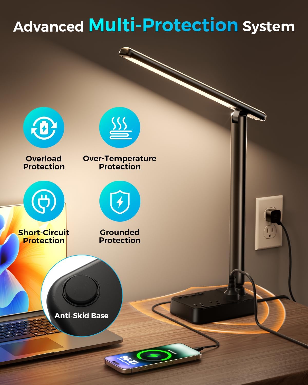 LED Desk Lamp with Power Strip, 3 AC Outlets, 4 USB Ports, Stepless Dimming | 2800K-6500K Color, 2 USB-C, Foldable Design, Timer & Memory, Study, Home Office & College Dorm
