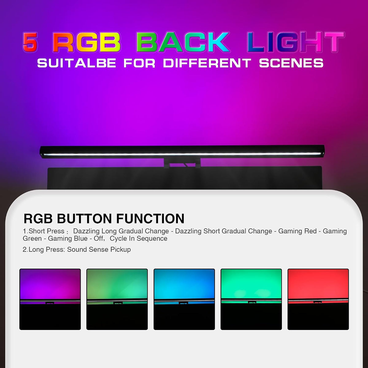 Monitor Light Bar with RGB Backlight, 3 Color Temperatures & Stepless Dimming, Music Sync LED Screenbar with Touch Control Button for Over Computer Screen Office