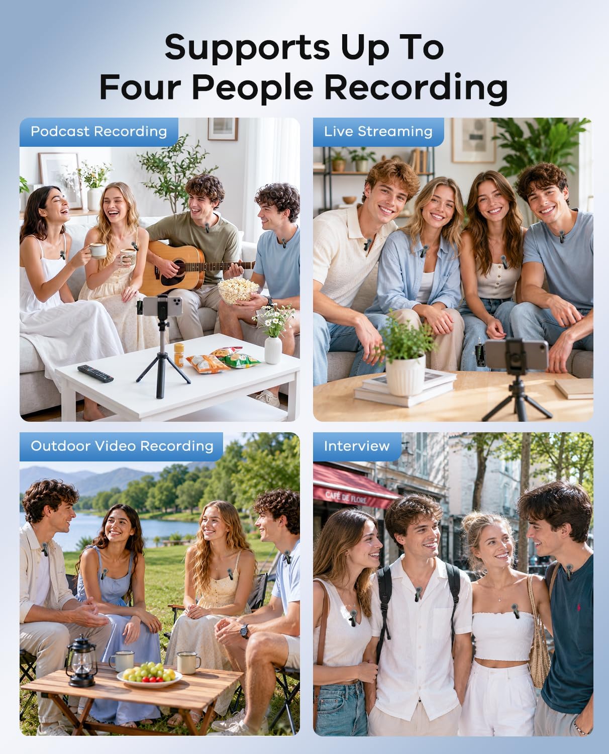 4 Packs Wireless Lavalier Microphone for iPhone Android Camera | Mini Clip-On Mic with Noise Reduction for 4-Person Video Recording, Interviews, Podcasts, YouTube, TikTok & Vlogging (Black)