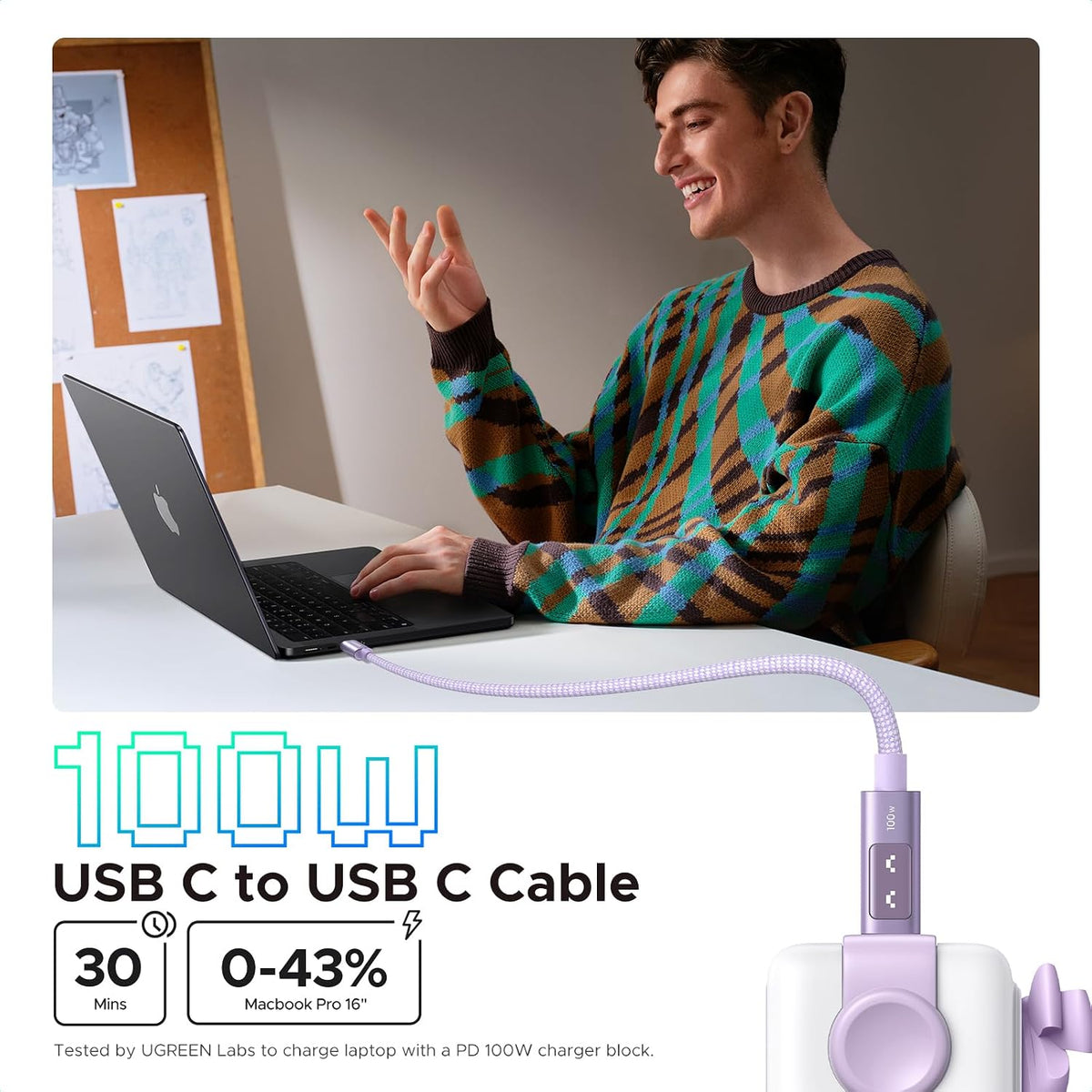 UGREEN Uno USB C Cable 100W with LED Display, Fast Charging, 10ft, Purple