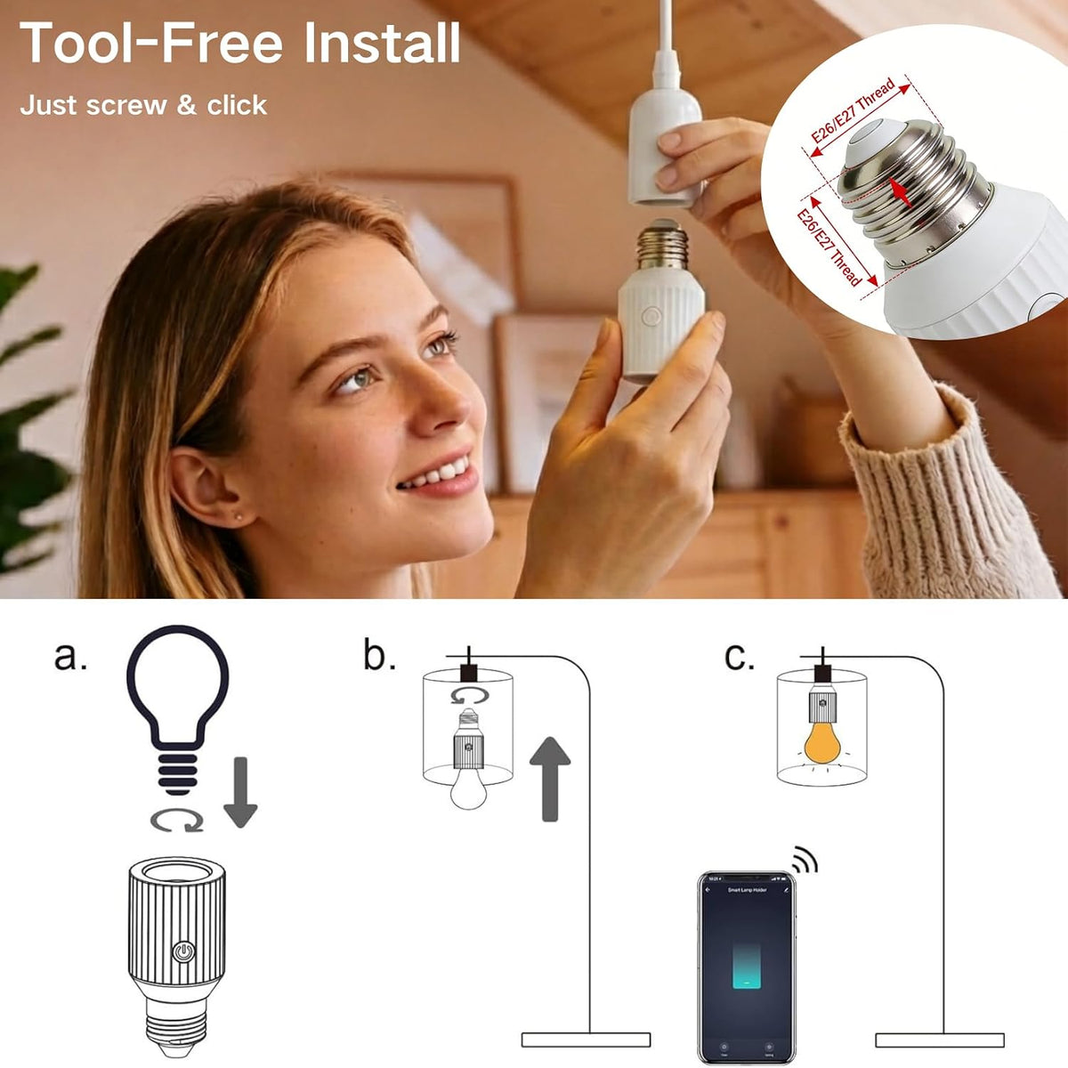 LoraTap Smart Wi-Fi Light Bulb Socket Adapter, Voice for Alexa/Google, Smart Life App Group & Timer, 60W Max, Incandescent Compatible, E26/E27