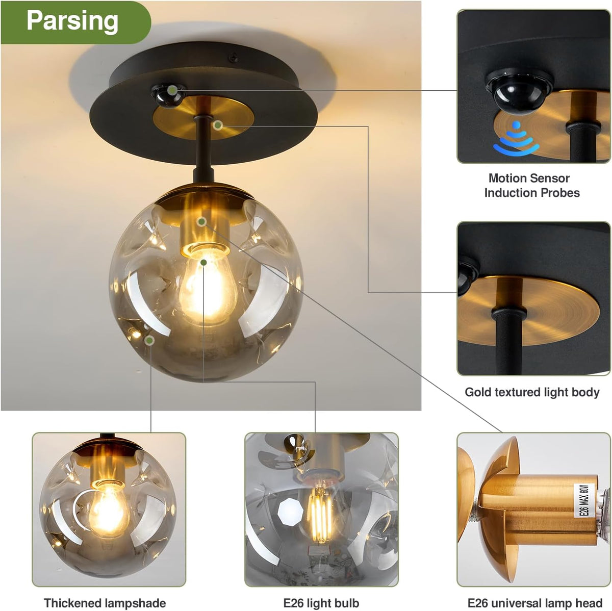 Motion Sensor Light Indoor 1-Light Mini Glass Globe Ceiling Light Fixture Modern Black Semi Flush Mount Light for Hallway Entryway Porch Stairway Closet
