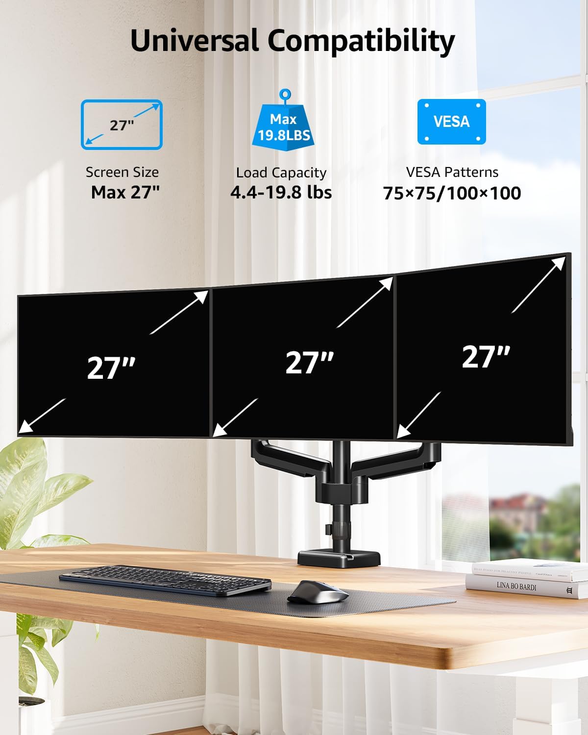 MOUNTUP Triple Monitor Mount, Triple Monitor Desk Mount for Max 27 inch Computer Screens, 3 Monitors Stand for Desk, Monitors Arm with Swivel, Tilt, Rotation, Each Arm Holds 4.4-19.8 lbs