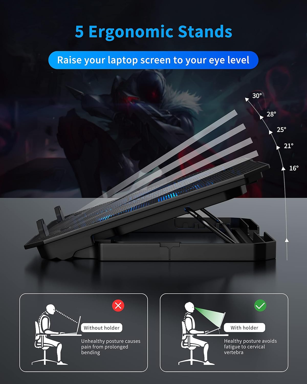 AICHESON Laptop Cooling Pad for 12-15.6 Inch, 6 Cooler Fans, Blue Lights | Laptop Cooling Stand with 2 USB Ports, Adjustable Heights Base
