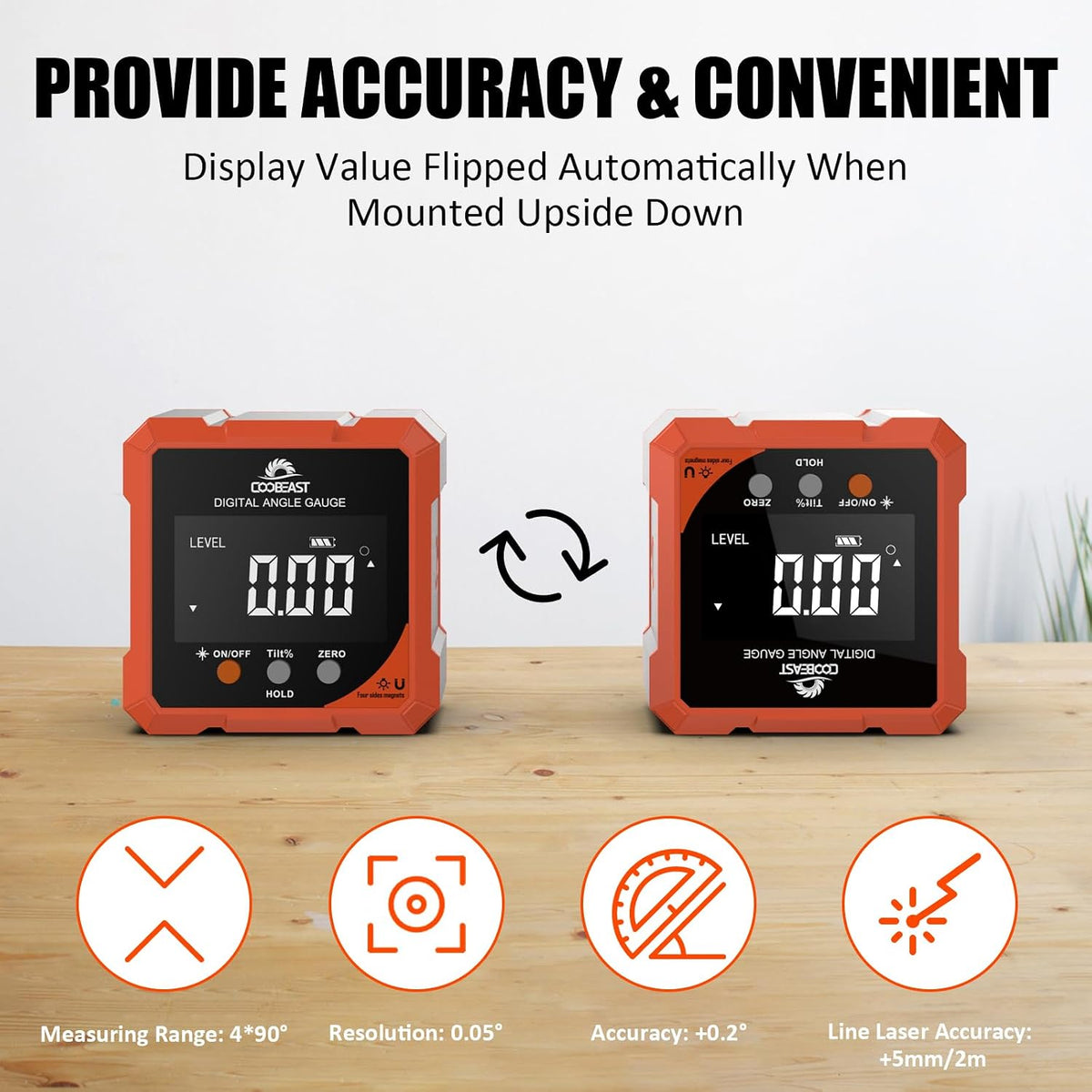 Coobeast Digital Angle Finder with Dual Laser 4-side Magnetic Angle Gauge | Magnetic Laser Level Measuring Tool with Electronic Laser Inclinometer Backlight for Woodworking Table saw Miter Orange