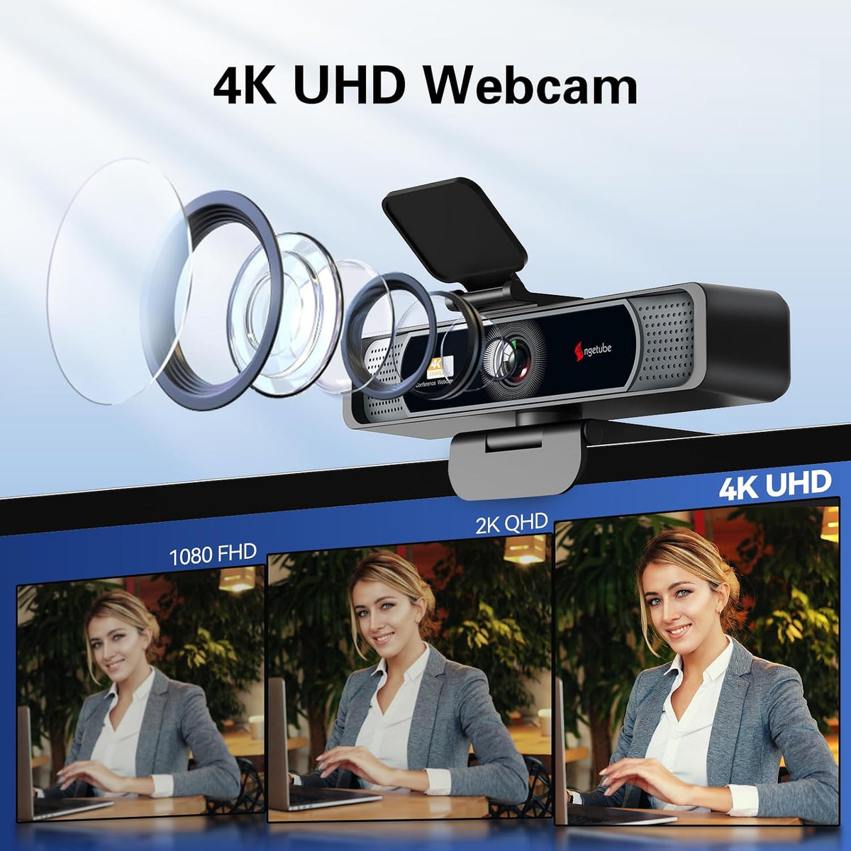 Angetube Wide Angle 4K Webcam for PC, 120° FOV Video Conference Web Camera | PDAF Autofocus, 2 Noise-Cancelling Mics, 1080P@60FPS, Auto Light Correction, USB-A/C, Privacy Cover, for Mac Laptop Desktop