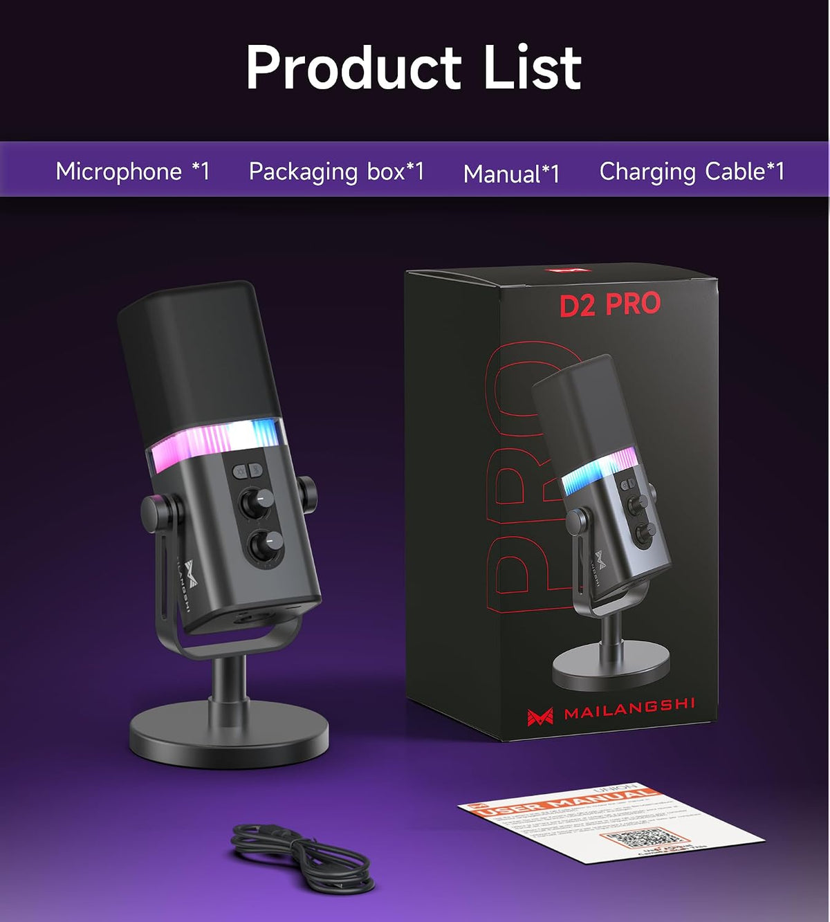 MAILANGSHI 192KHz/32bit Dynamic Podcast Microphone for PC, USB & XLR Mic with RGB Lighting, Desktop Stand, Mute Button, All-Metal Body, Gain & Volume Control, Gaming Microphone for Livestreaming