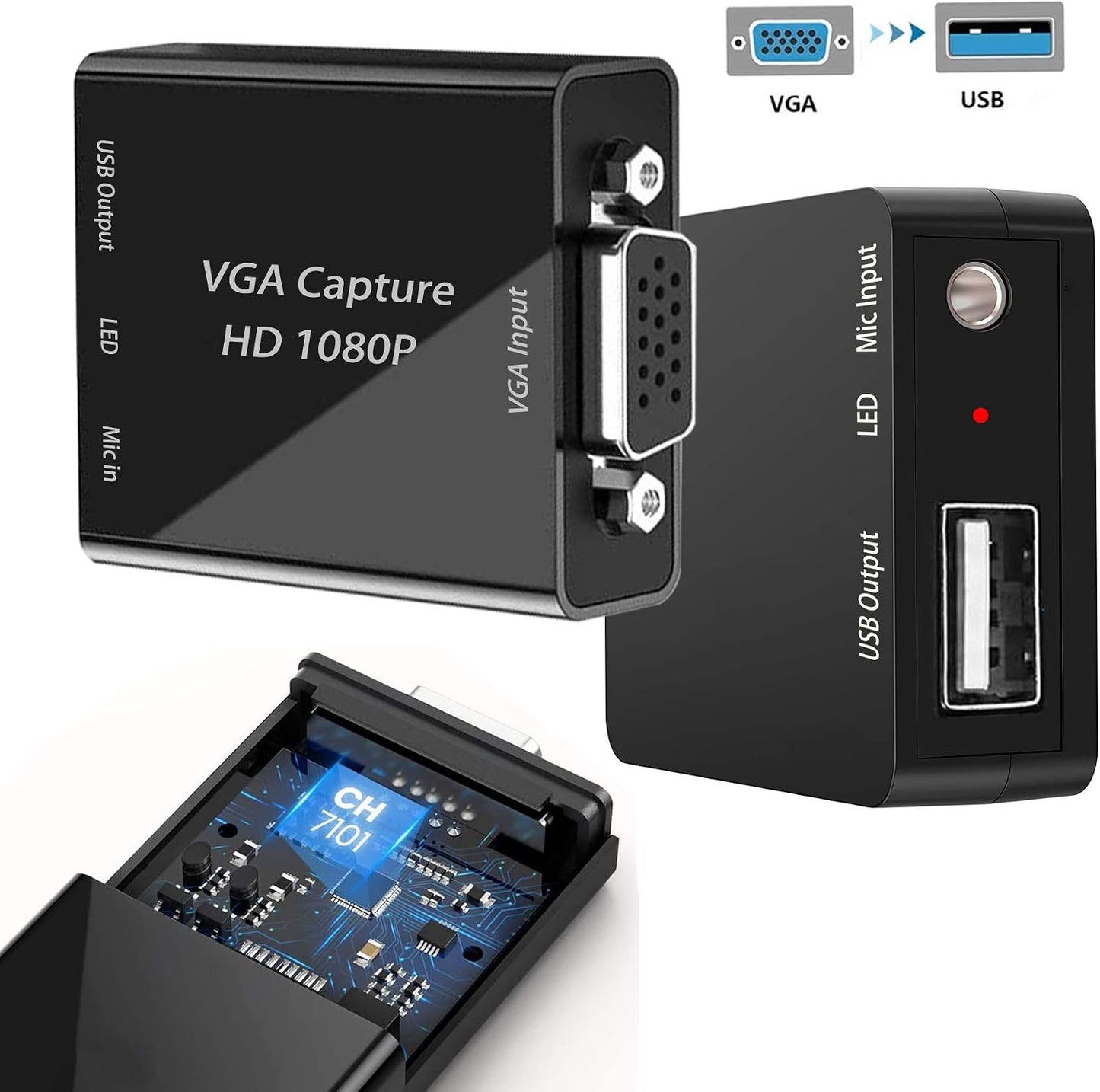 VGA Capture Card, VGA to USB Capture Device with Mic Input Support HD Video for Gaming, Streaming, Teaching, Video Conference, Live Broadcasting
