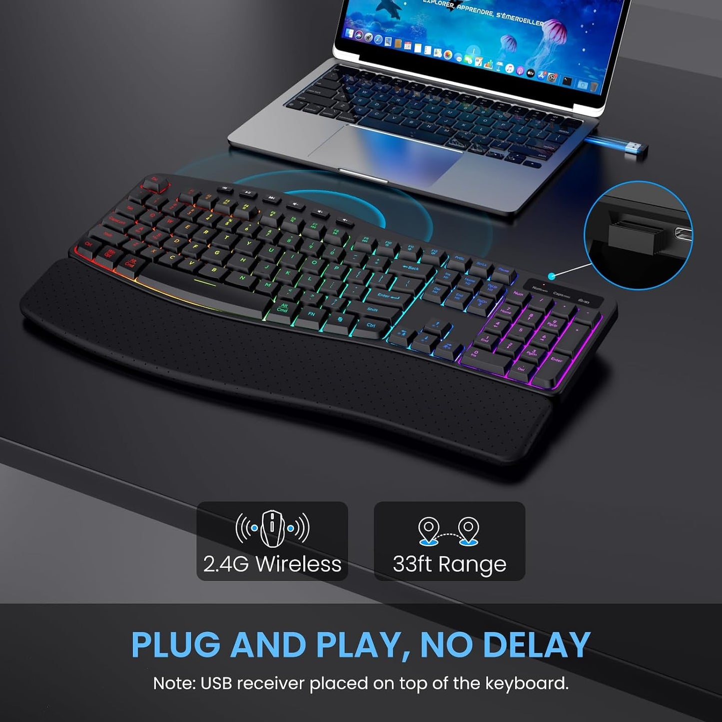 COLIKES Wireless Ergonomic Keyboard, Backlit Keyboard Silent with 15 RGB Lighting Effects, Leather Wrist Rest, 2500mAh Rechargeable, Multimedia Keys, Wave Keyboard for PC Computer Laptop Windows Mac