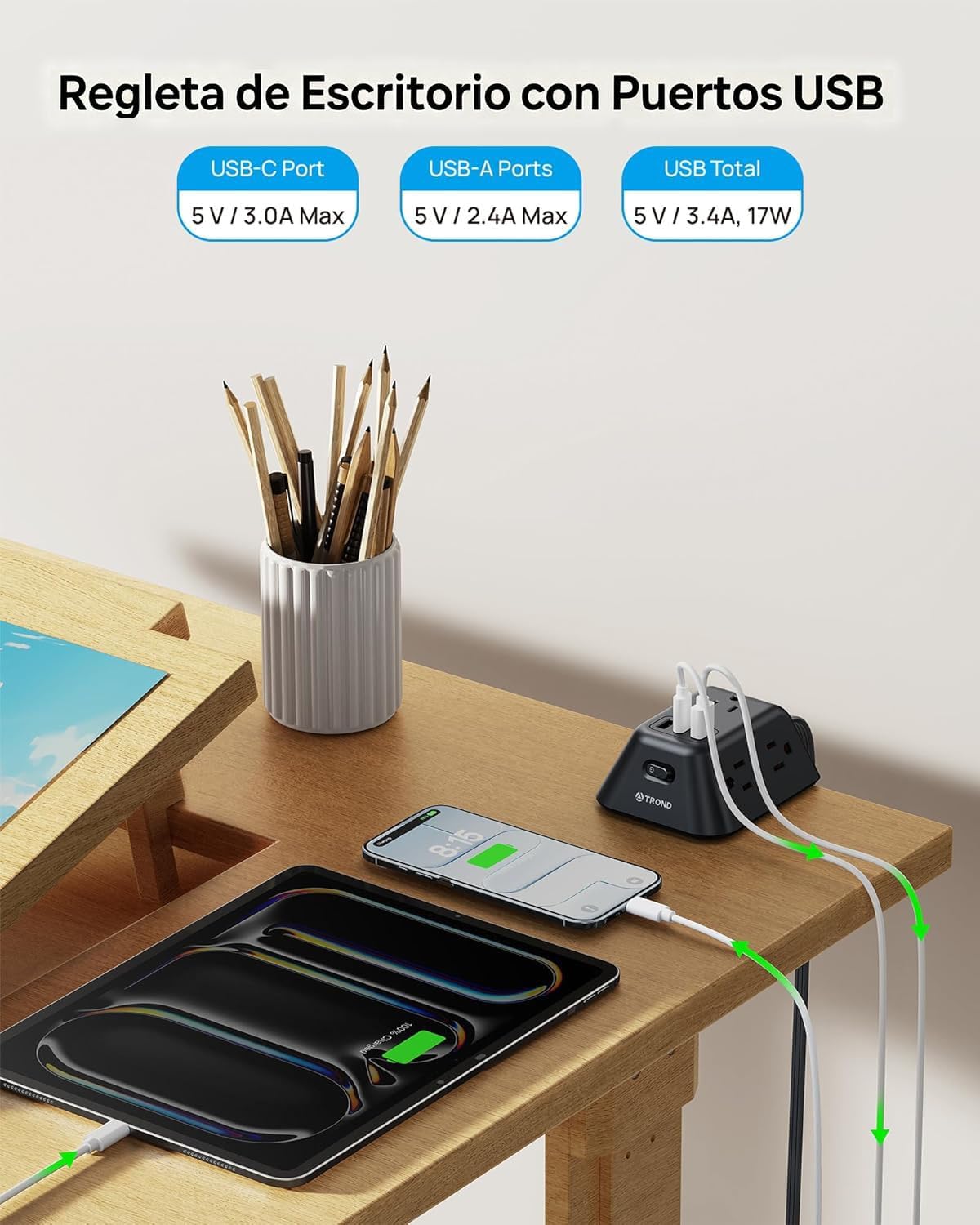 TROND Desk Clamp Power Strip with 5 AC Outlets and 3 USB Ports, Black | Desk Mount Charging Station, Fit 1.97in Tabletop Edge Thick, 1440J, 6FT Extension Cord, for Home Office Gaming Accessories