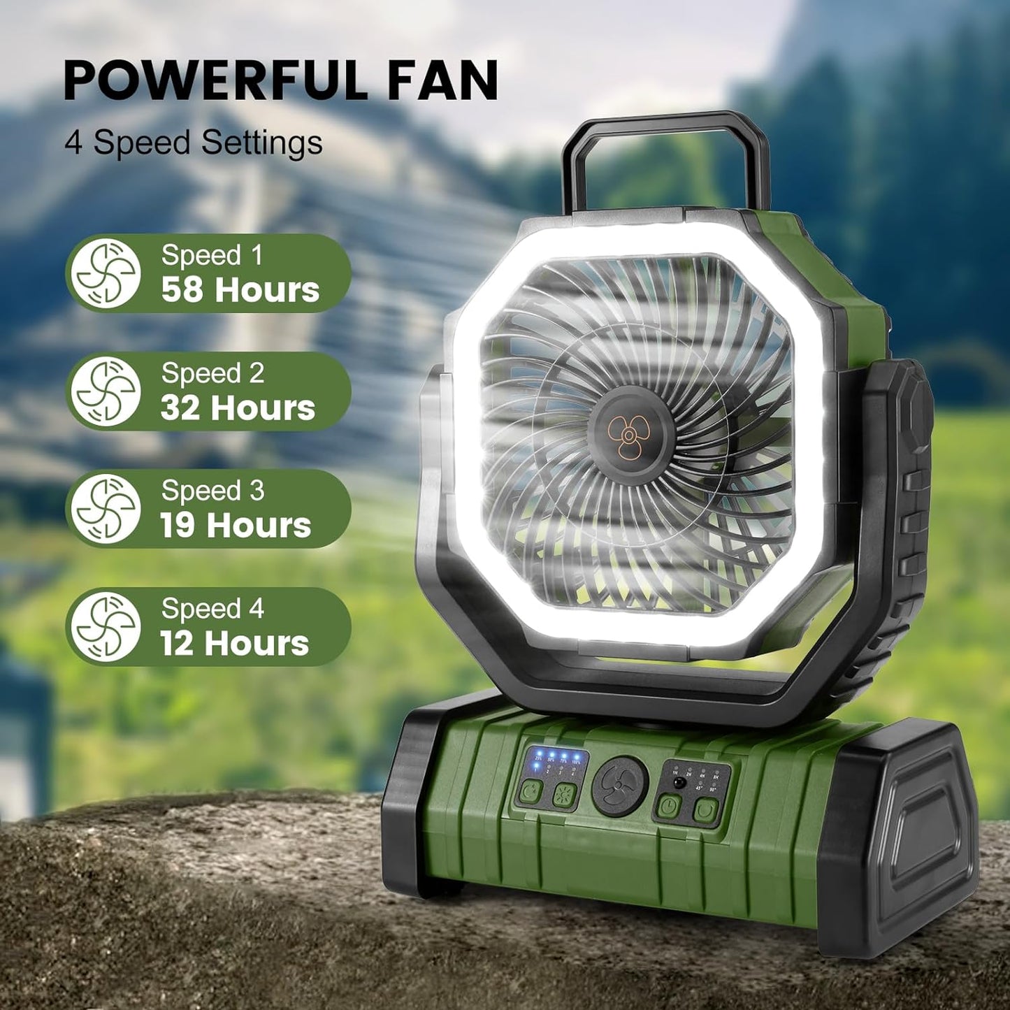 Odoland 30000mAh Camping Fan with LED Lantern, Rechargeable Battery Fan | Operated Oscillating Fan with Remote & Hook, Portable Tent Fan with Timer, 4 Speeds for Outdoor Camp RV Power Outage, Green