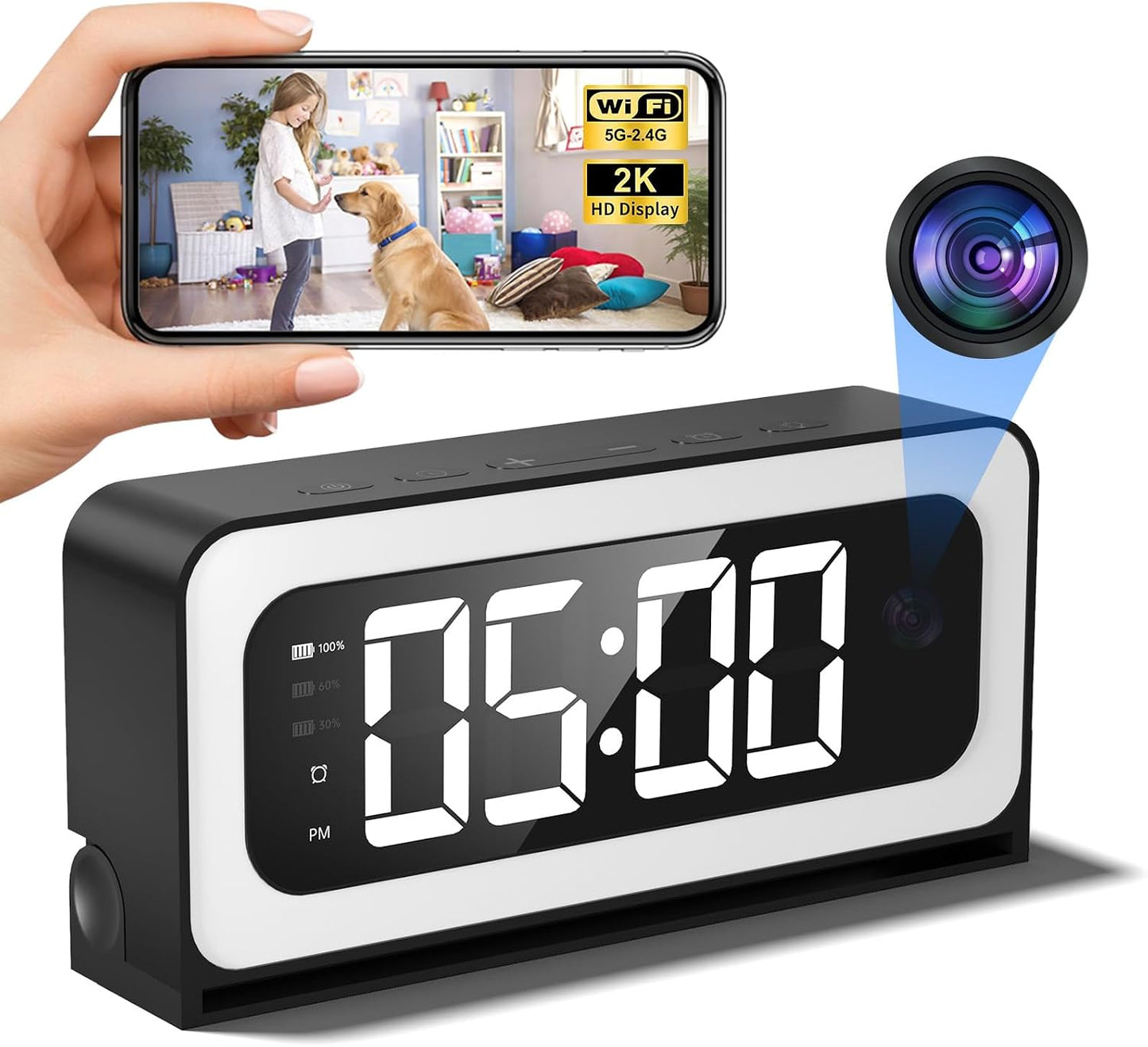 2K Alarm Clock Camera,5G&2.4G WiFi Nanny Cam Wireless Indoor Camera,Cameras for Home Security,AI Human Detection,Color Night Vision for Home/Pet