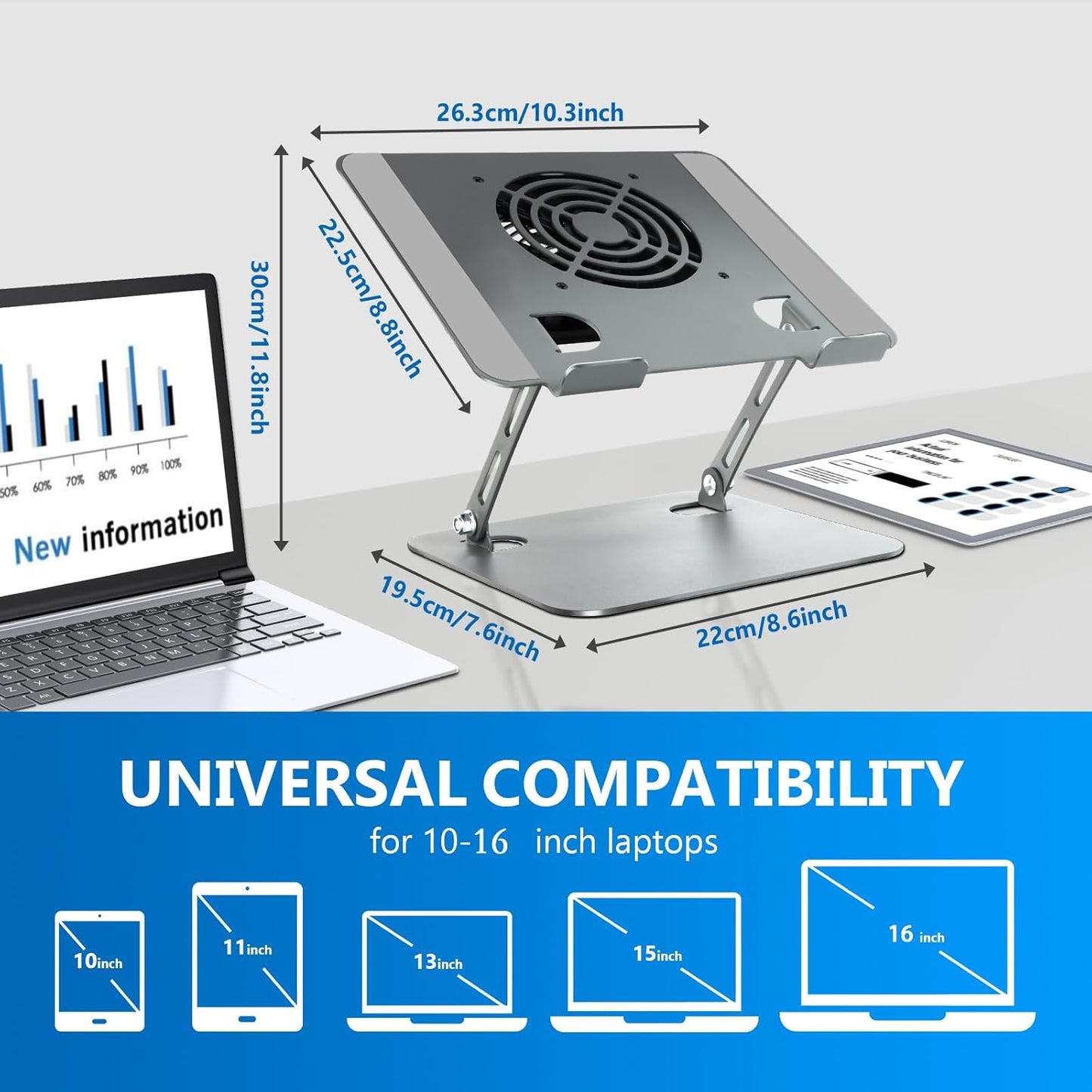Laptop Cooling Stand with Fan and One Key Switch | Ergonomic Adjustable Height Desk Computer Holder for All 10-16''Laptops & Tablets Perfect for Gaming, DJ, Office - Gray