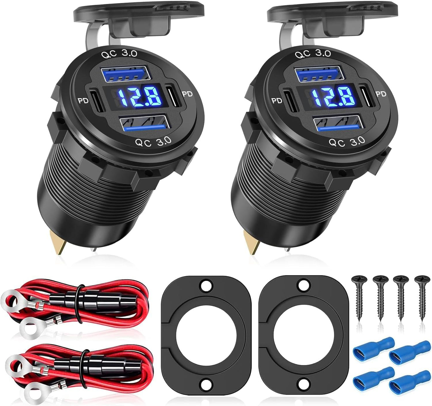 2Pcs 12V/24V Outlet with Voltmeter, Quick Charge 3.0 Dual USB Power Outlet, Waterproof Fast Charge USB Charger Socket DIY Kit for Car Boat Marine (2 Pack)