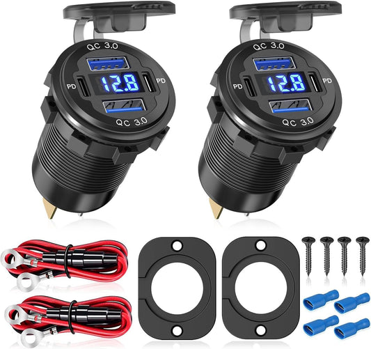 2Pcs 12V/24V Outlet with Voltmeter, Quick Charge 3.0 Dual USB Power Outlet, Waterproof Fast Charge USB Charger Socket DIY Kit for Car Boat Marine (2 Pack)
