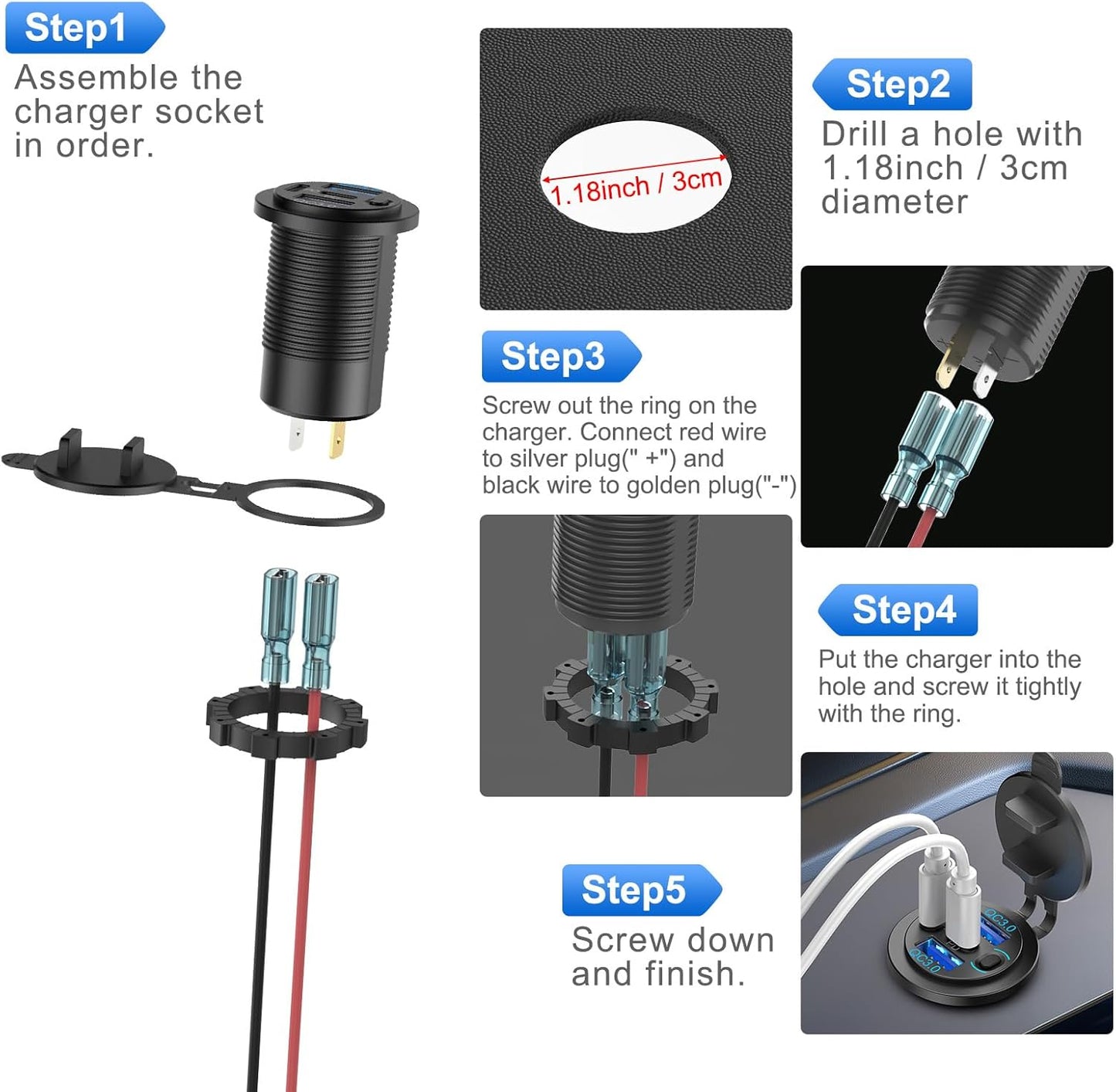 2 Pack 12V USB Outlet 4 Port Car Charger, 78W Super Fast Dual PD3.0 & QC3.0 Multiple USB Port for Car, USB C Cigarette Lighter Replacement 12 Volt Socket Waterproof for Marine Boat Motorcycle RV Golf