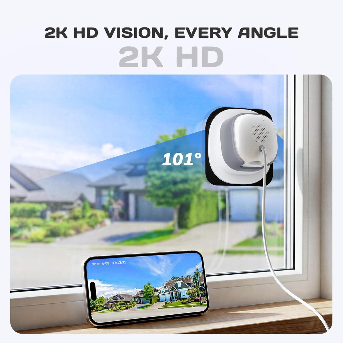 No Drill 2K Window Camera with Angled Mount, 5GHz&2.4GHz WiFi Indoor Camera for Home Security for Outdoor Monitoring, Anti-Glare Color Night Vision, 24/7 Recording, Free Human/Car/Pet Detection, Alexa