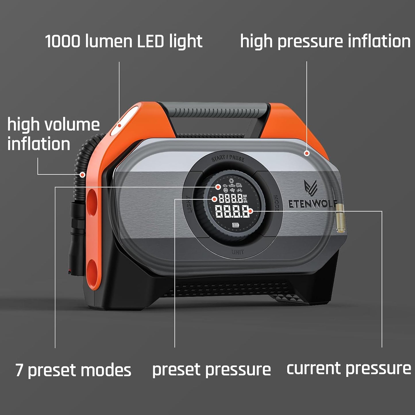 ETENWOLF VORTEX S6 Tire Inflator Portable Air Compressor, Cordless Air Pump | with 19200mAh for Heavy-duty Vehicle, Car & Inflatables-100% Duty Cycle & Dual Cylinder-Bike Pump-LED Backlight, Vivd Orange