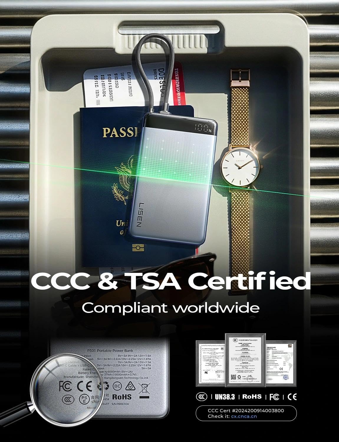 LISEN CCC Certified [Metal Alloy] 0.5" Ultra Slim 10000mAh Power Bank 3C, TSA Approved Airplane Travel Essentials, Portable Charger USB C Fast Charging for iPhone 17 Air 16 15 Pro Samsung Galaxy S26