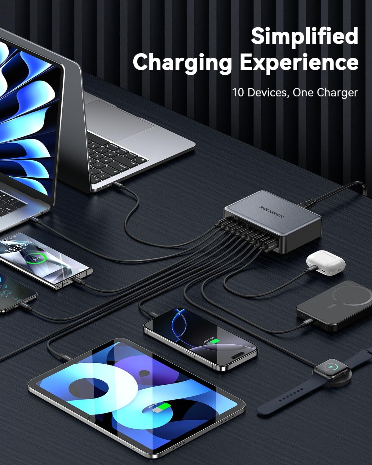 Rocoren 480W GaN 10‑Port Charging Station, PD 100W Fast USB‑C Charger Hub